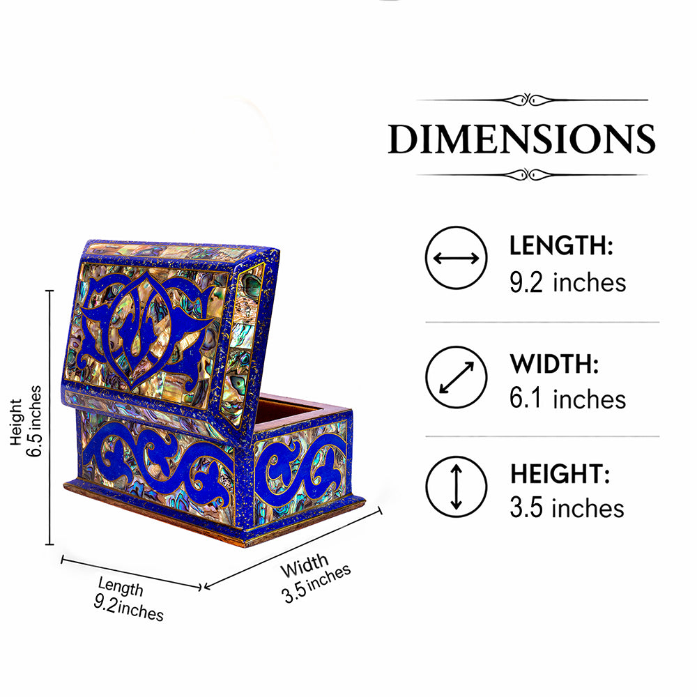 Egyptian jewelry box inlaid with jemstones lapis lazuli, blue mother of pearl and brass made in egypt