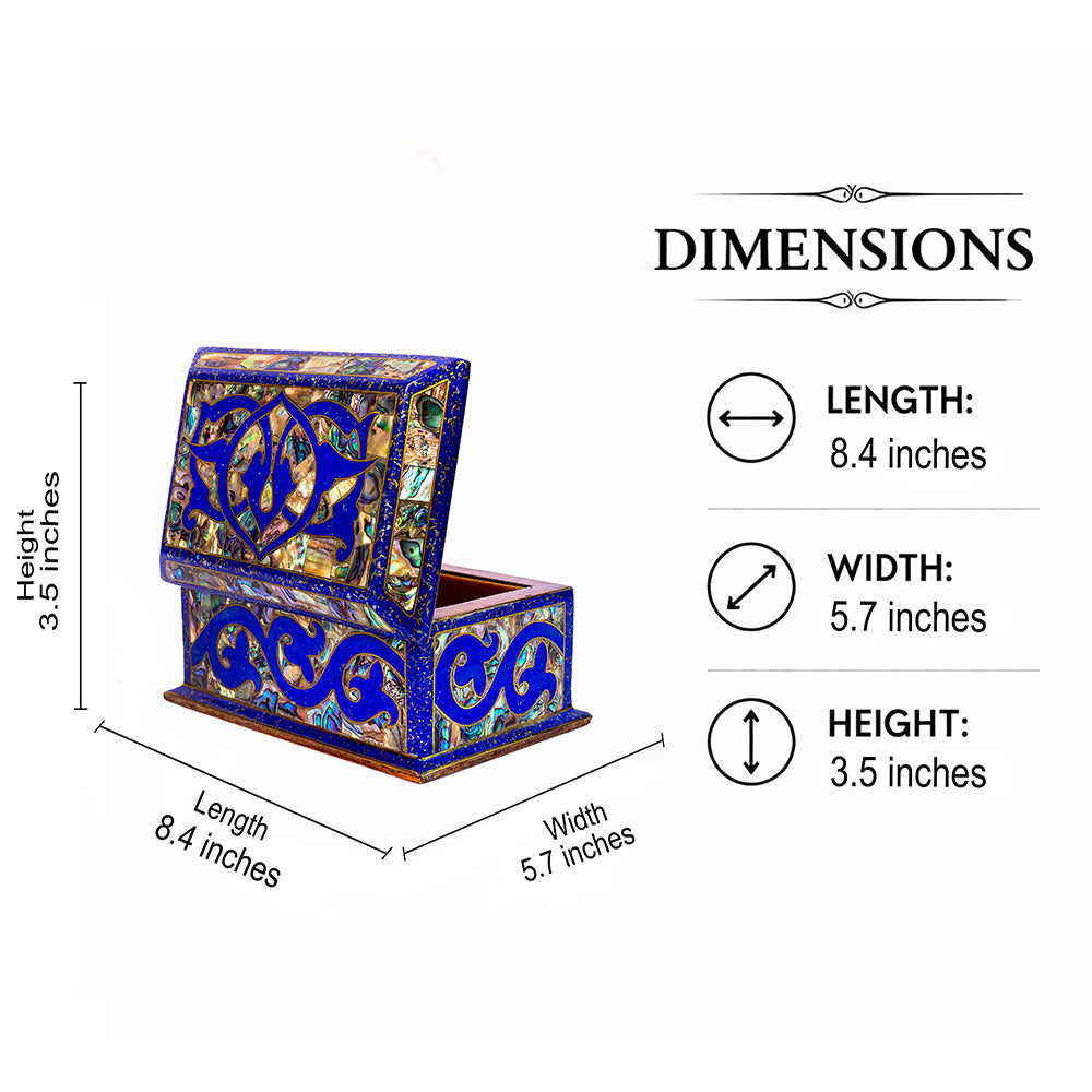 Egyptian jewelry box inlaid with jemstones lapis lazuli, blue mother of pearl and brass made in egypt