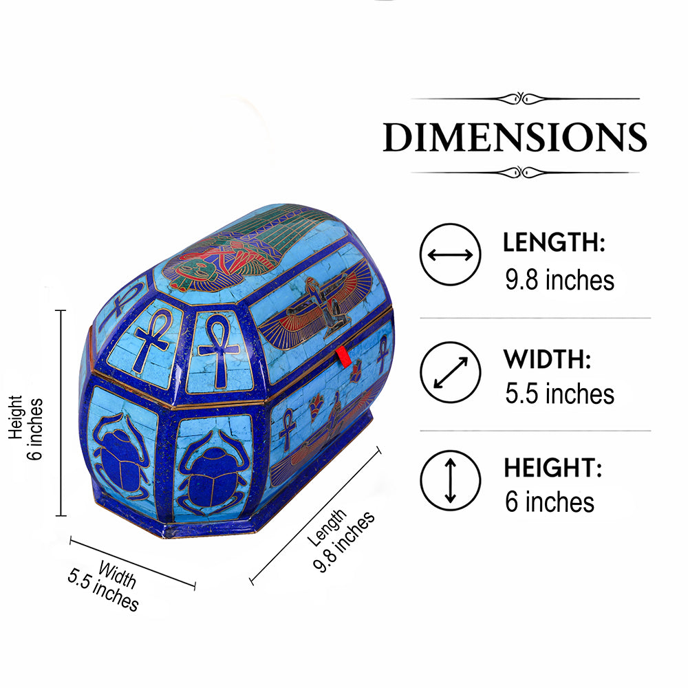 Egyptian pharonic jewelry box inlaid with jemstones lapis lazuli,turquoise,coral,Malachite,blue mother of pearl and brass made in egypt