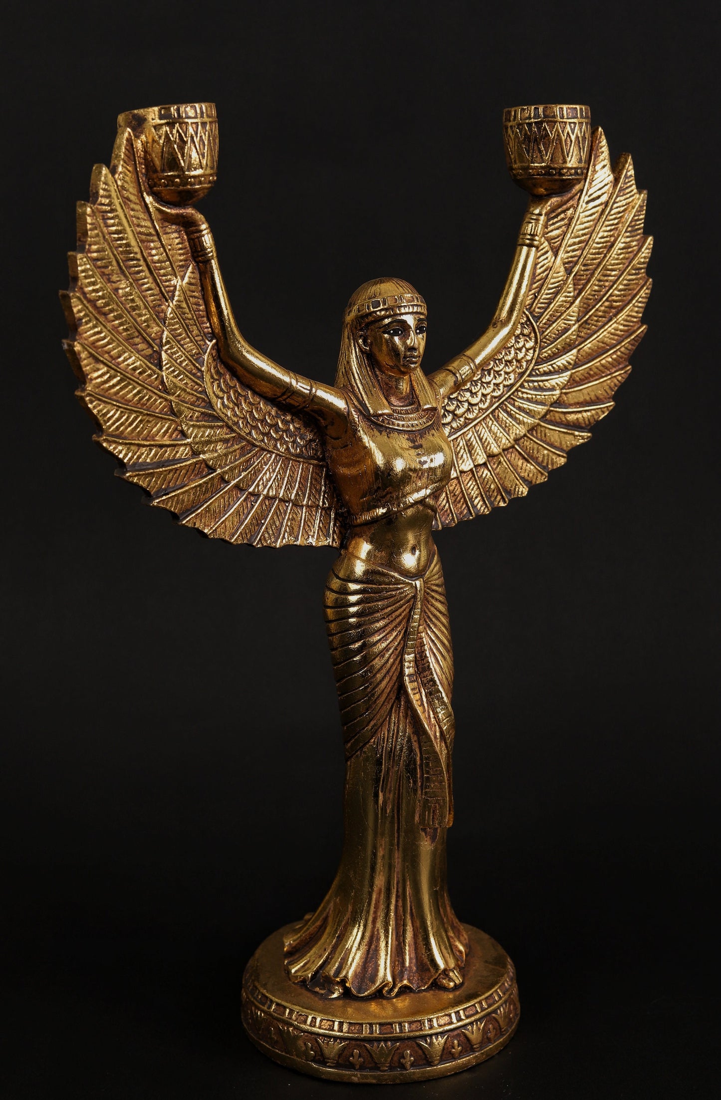 Egyptian Goddess Isis open wings candleholder decorative with gold leaf hand Paint