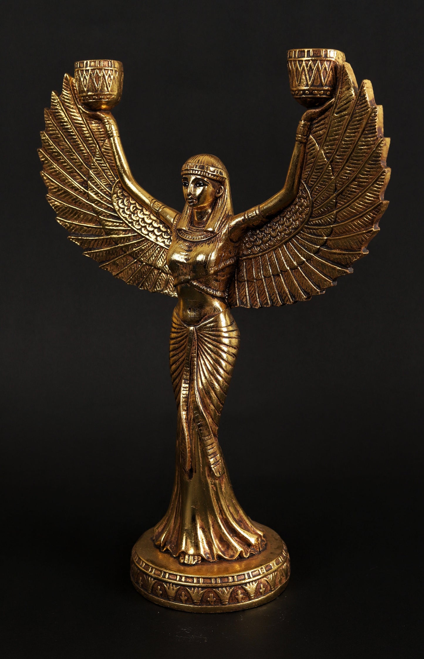 Egyptian Goddess Isis open wings candleholder decorative with gold leaf hand Paint