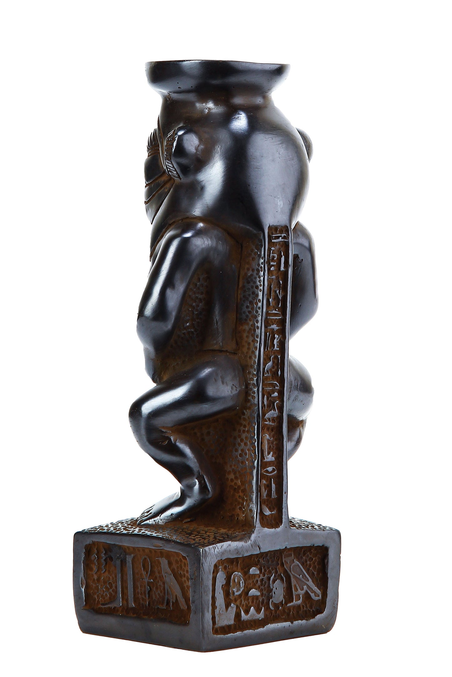 Ancient Egyptian statue of Bes, represented as a dwarf with large head, goggle eyes, protruding tongue, bowlegs, bushy tail made in Egypt