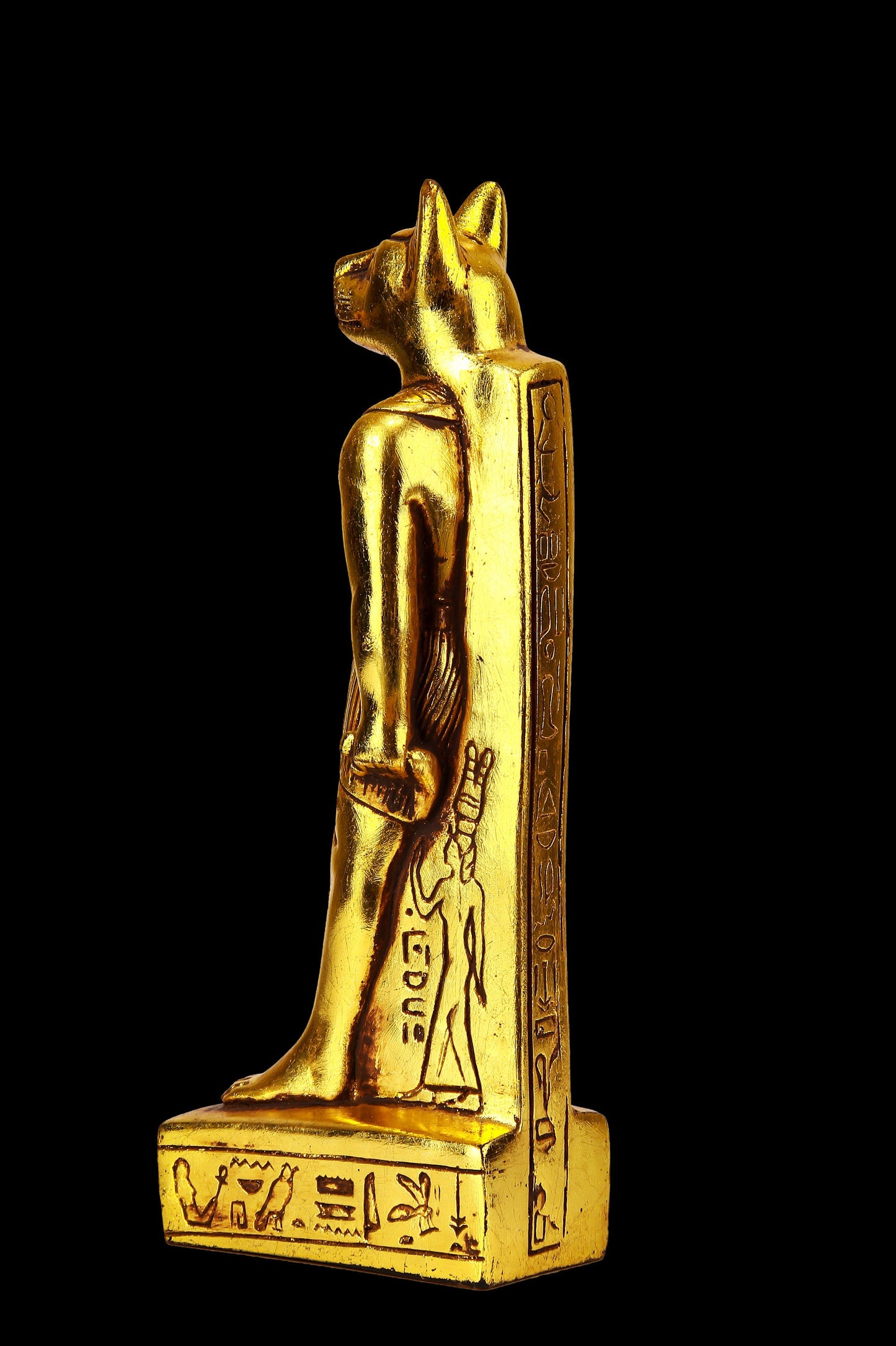 Ancient Egyptian statue of goddess Bastet cat standing heavy stone gold leaf hand painted made in Egypt
