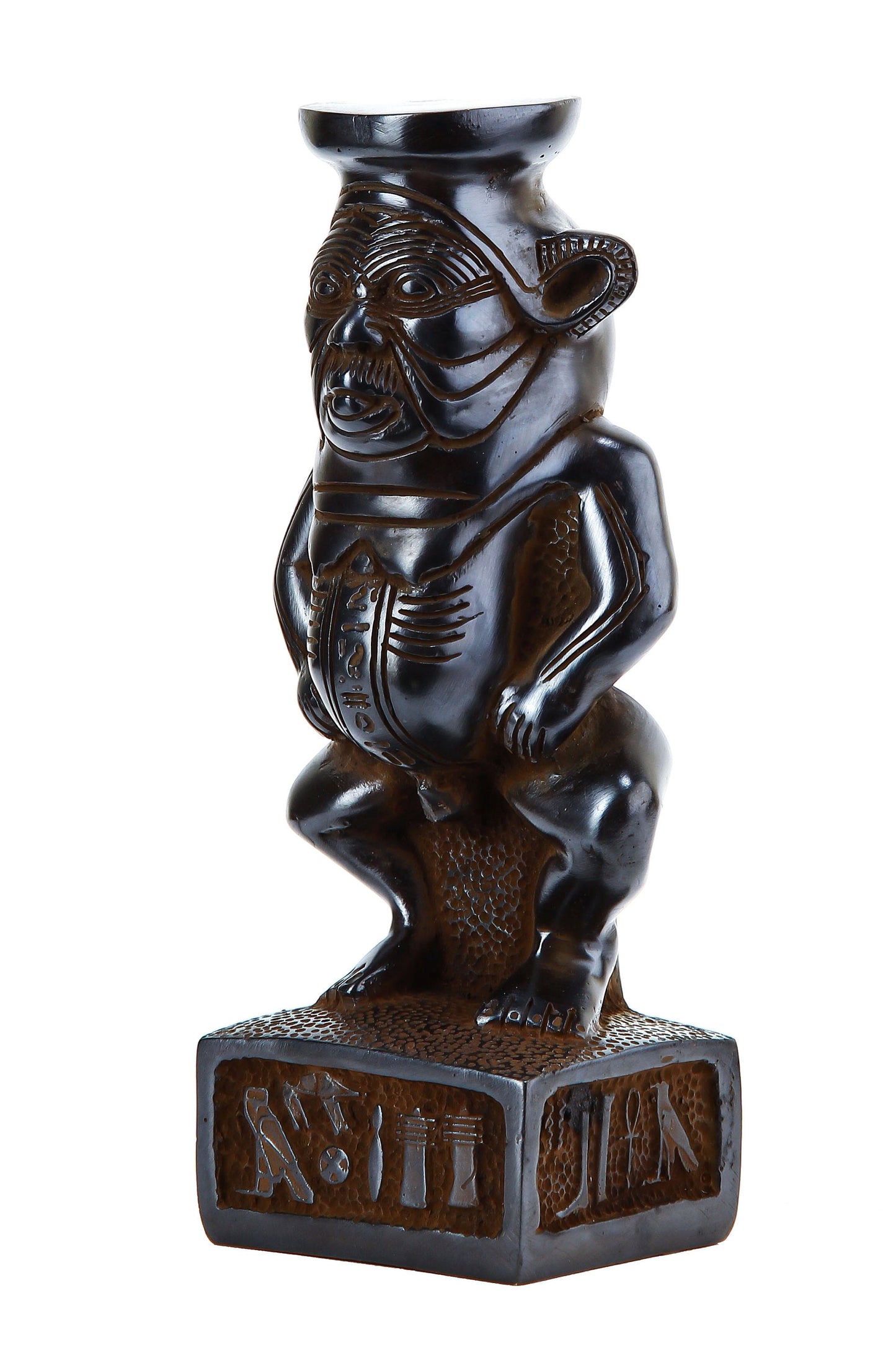 Ancient Egyptian statue of Bes, represented as a dwarf with large head, goggle eyes, protruding tongue, bowlegs, bushy tail made in Egypt