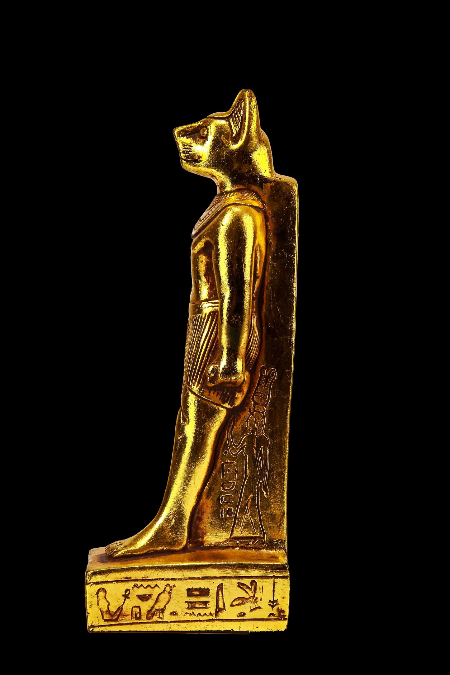 Ancient Egyptian statue of goddess Bastet cat standing heavy stone gold leaf hand painted made in Egypt