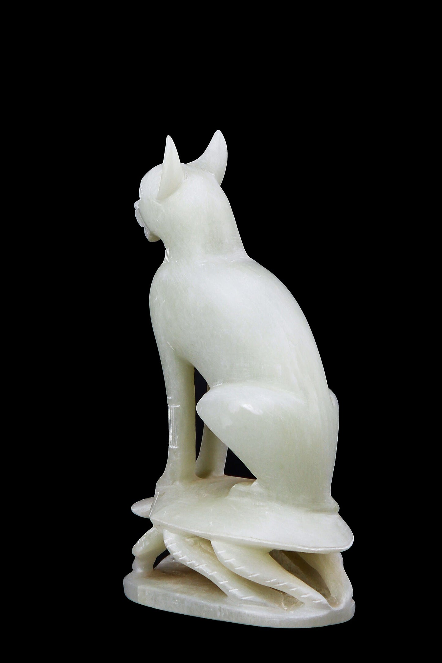 Ancient Egyptian statue of goddess Bastet cat standing on a Scarab hand carved Soap stone made in Egypt