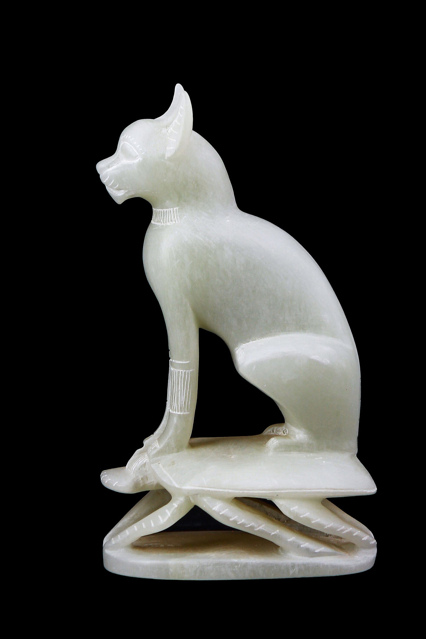 Ancient Egyptian statue of goddess Bastet cat standing on a Scarab hand carved Soap stone made in Egypt
