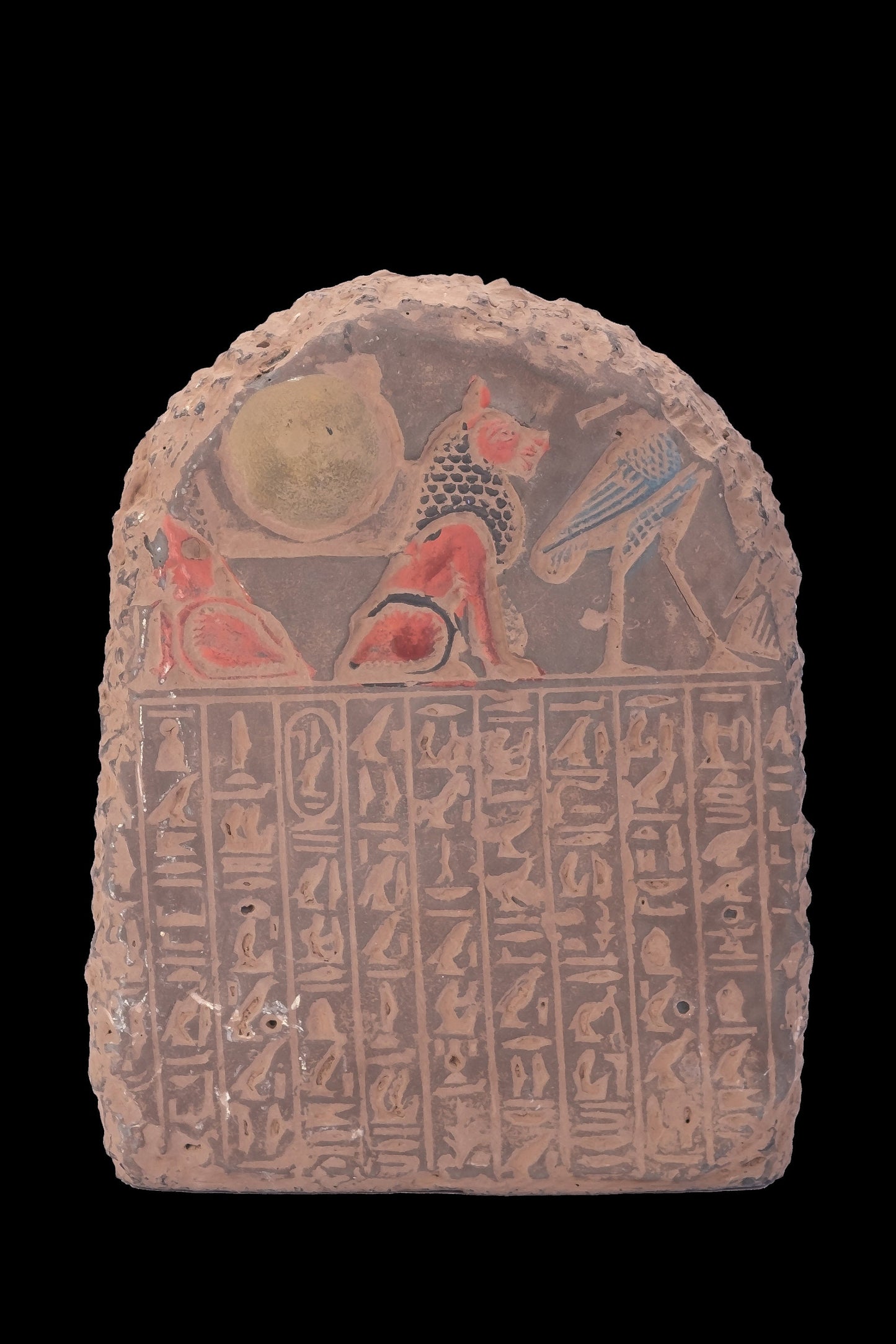 Ancient Egyptian statue of Pharaoh king Ramses II seated on the throne carved with ancient Egyptian hieroglyphics, great court