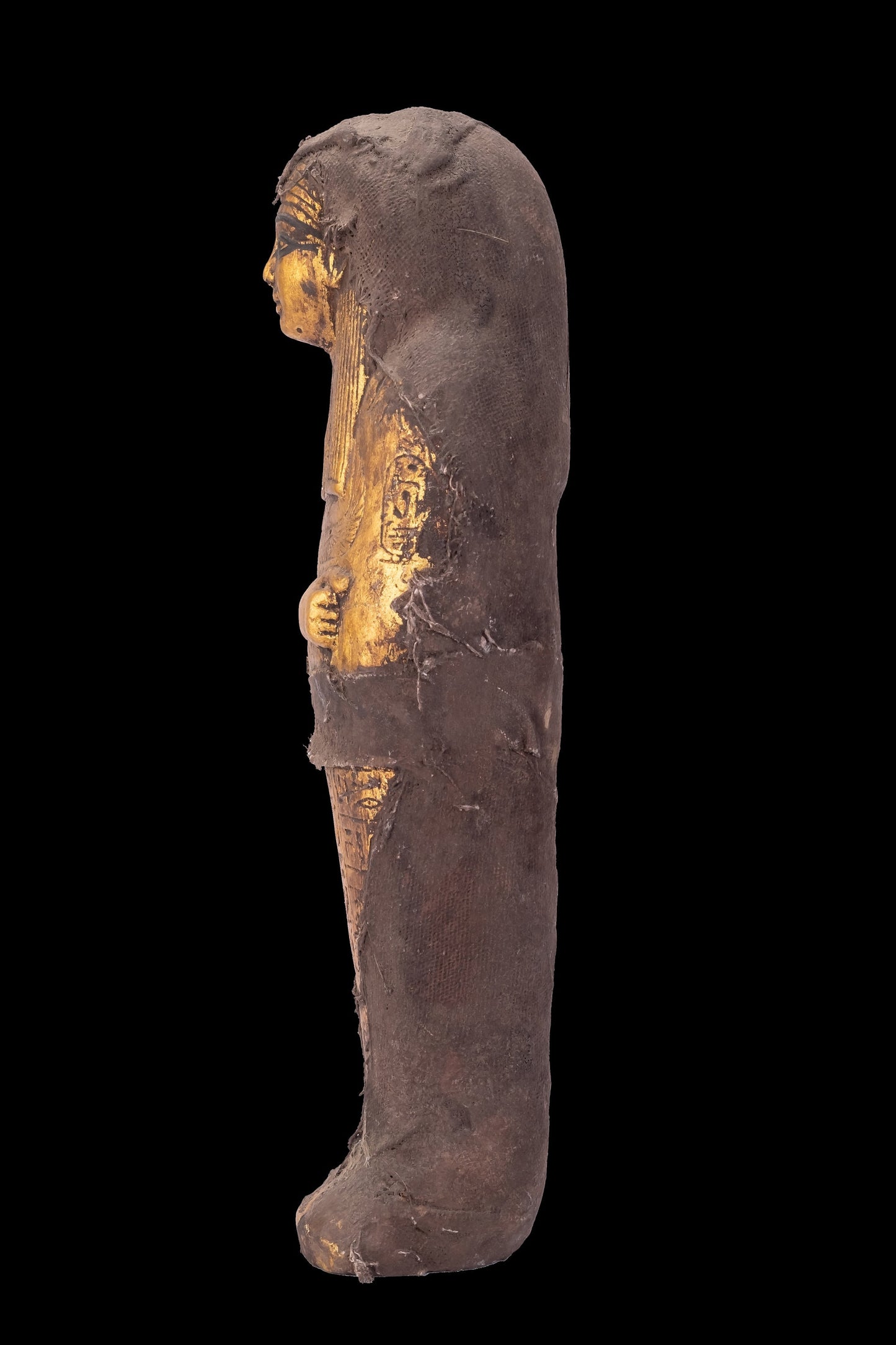 Unique ancient Egyptian statue of Ushabti goddess Isis with Maat wings protecting her carved with hieroglyphics and wrapped with linen