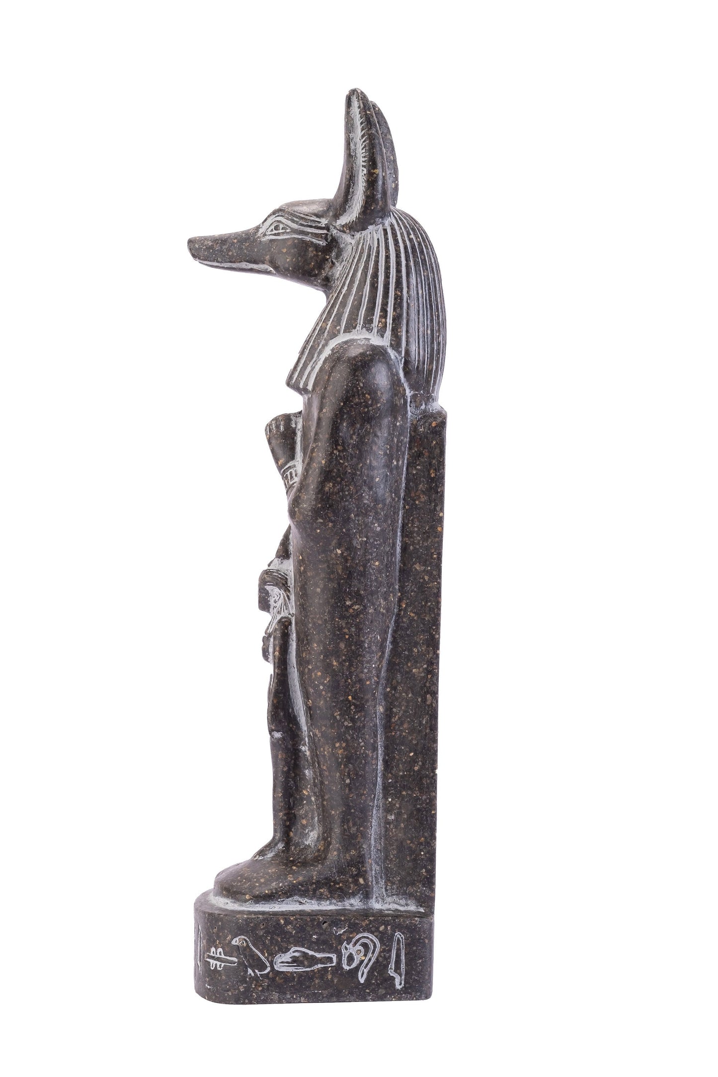 Aunique ancient Egyptian statue of Anubis Jackal God of afterlife and mummification standing with jackal head and human body protect Isis
