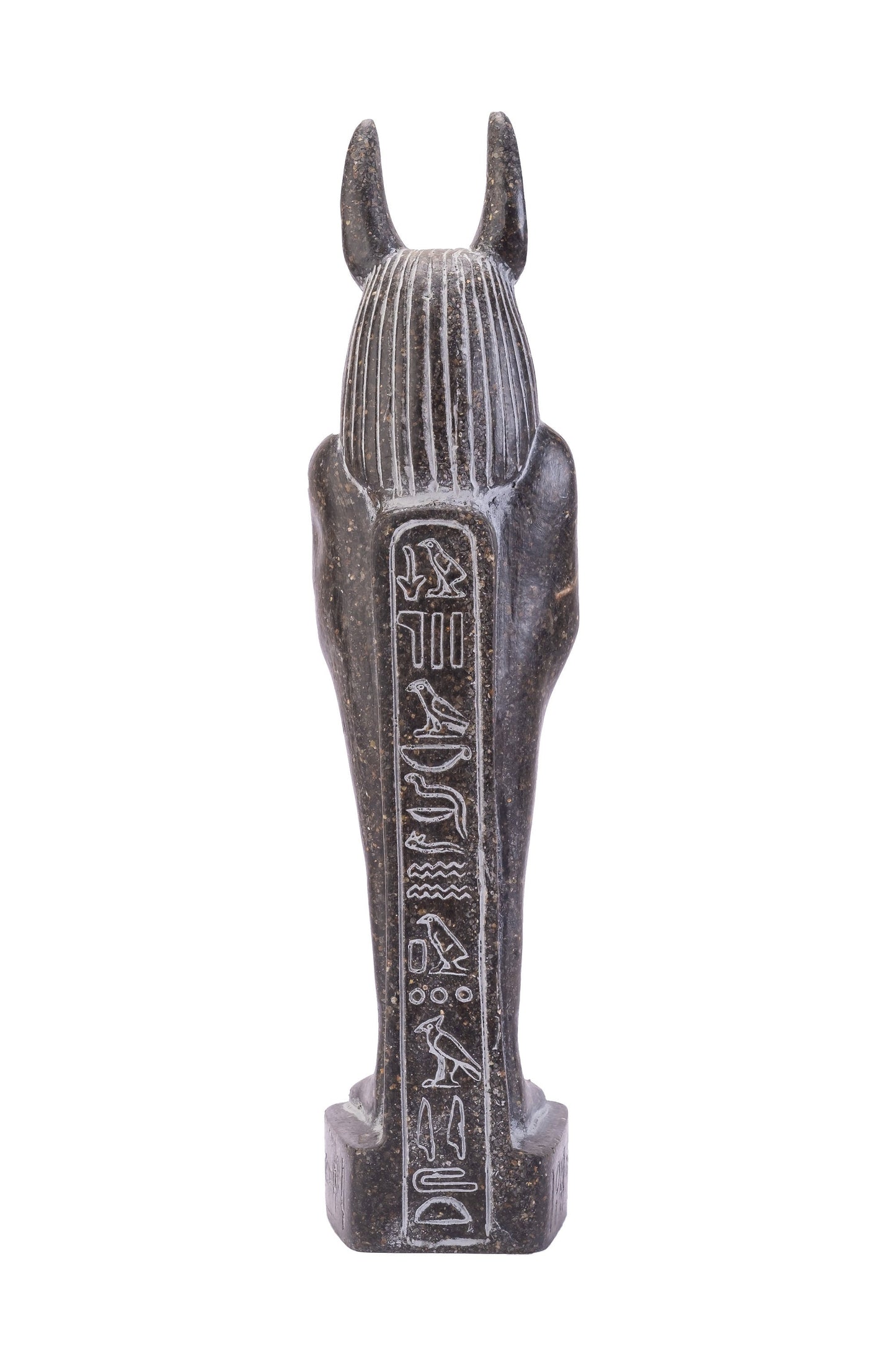 Aunique ancient Egyptian statue of Anubis Jackal God of afterlife and mummification standing with jackal head and human body protect Isis