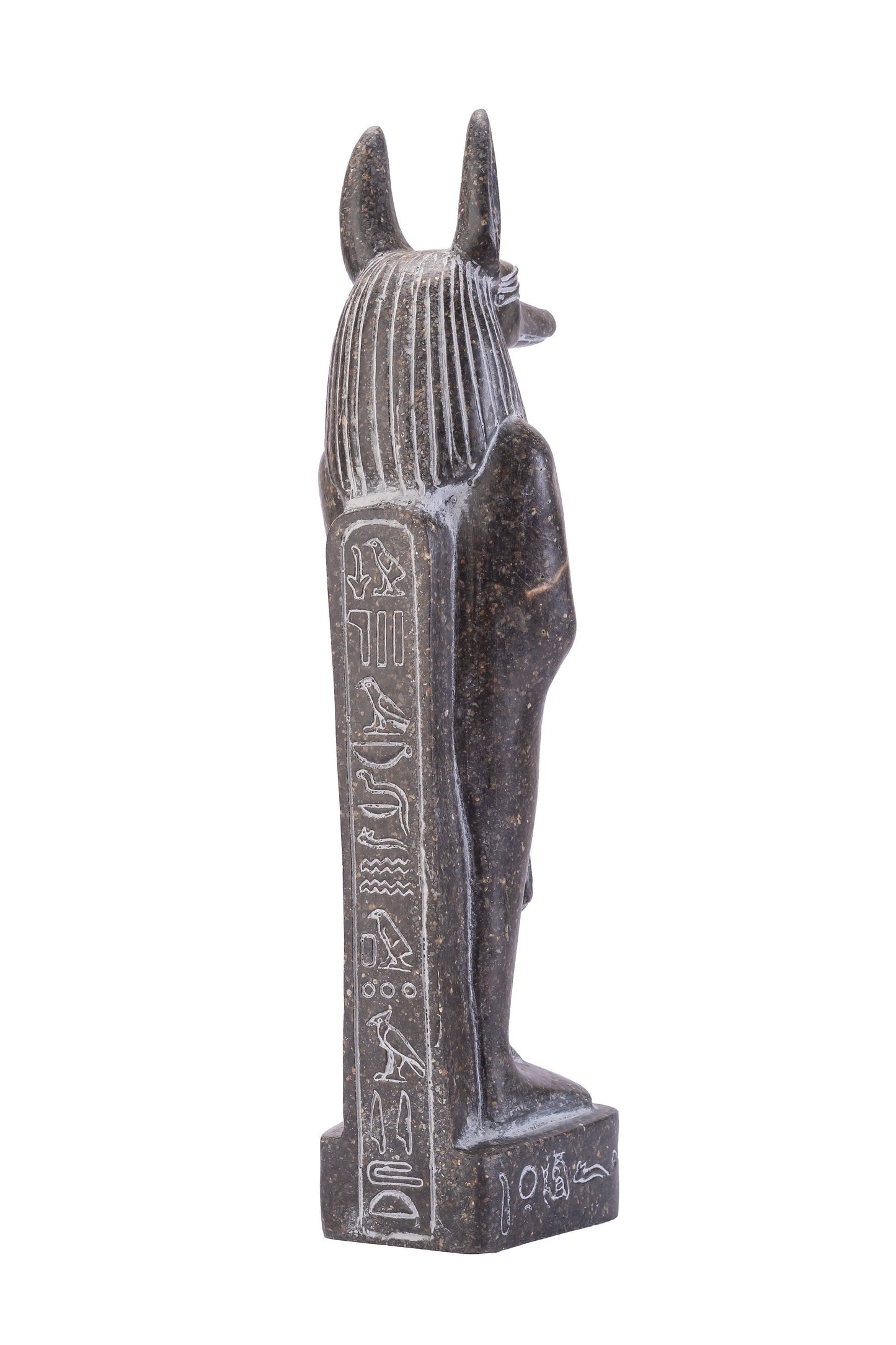 Aunique ancient Egyptian statue of Anubis Jackal God of afterlife and mummification standing with jackal head and human body protect Isis