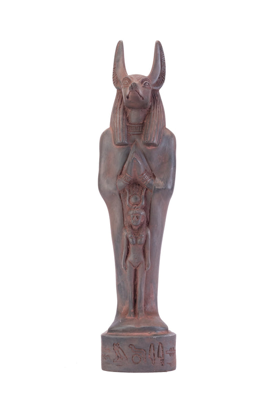 A unique ancient Egyptian statue of Anubis Jackal God of afterlife and mummification standing with jackal head and human body protect Isis