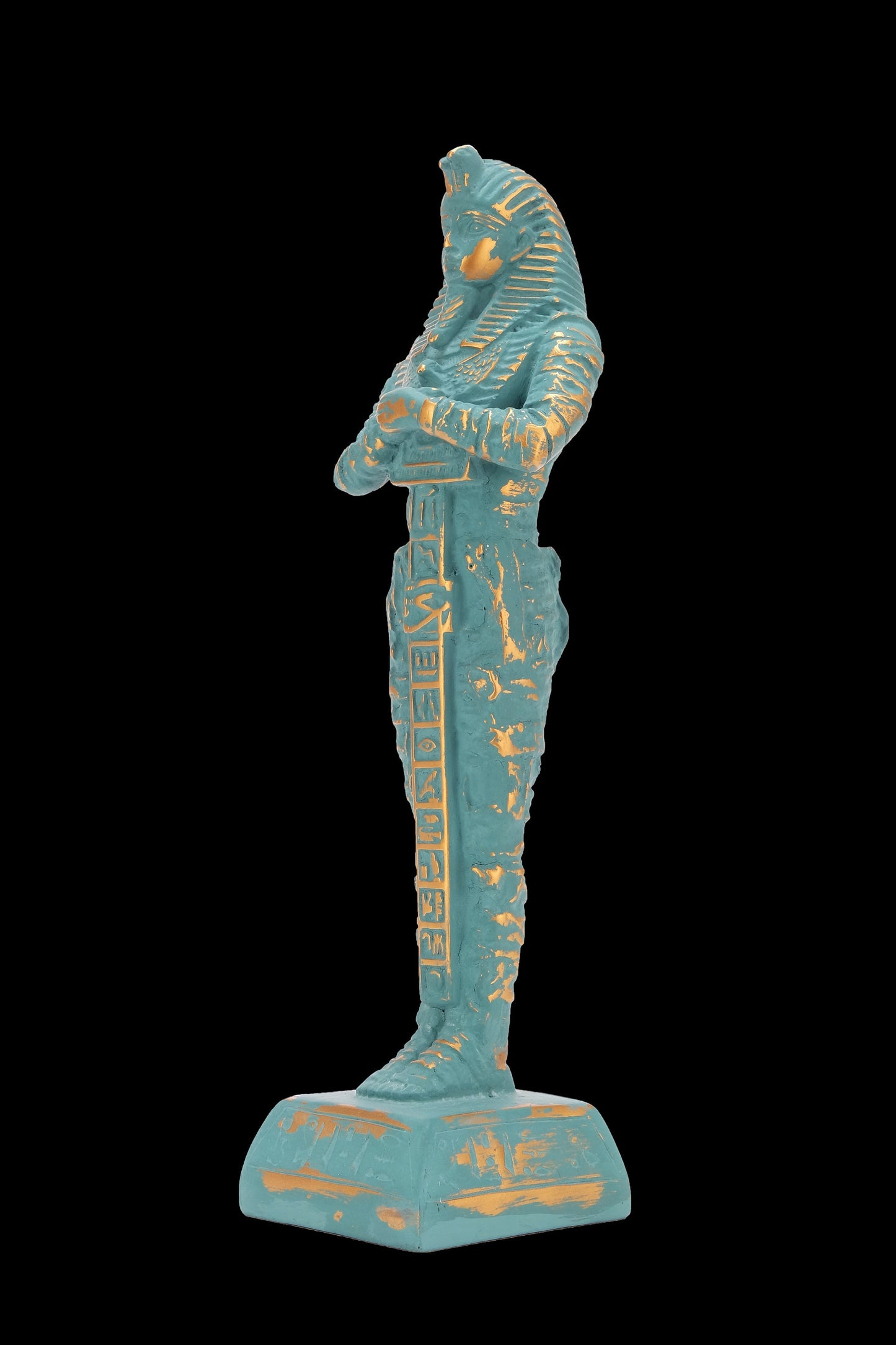 Unique Egyptian statue of King tut. Tutankhamen fighter in form of mummy green color with gold antique color solid stone made in Egypt