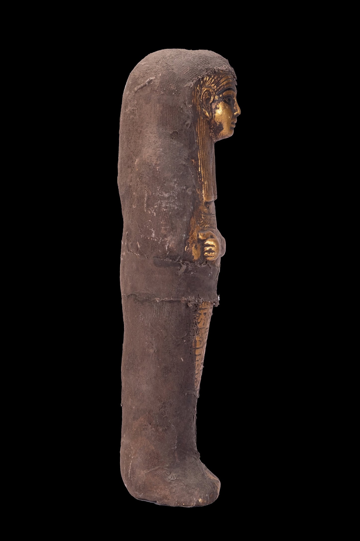 Unique ancient Egyptian statue of Ushabti goddess Isis with Maat wings protecting her carved with hieroglyphics and wrapped with linen