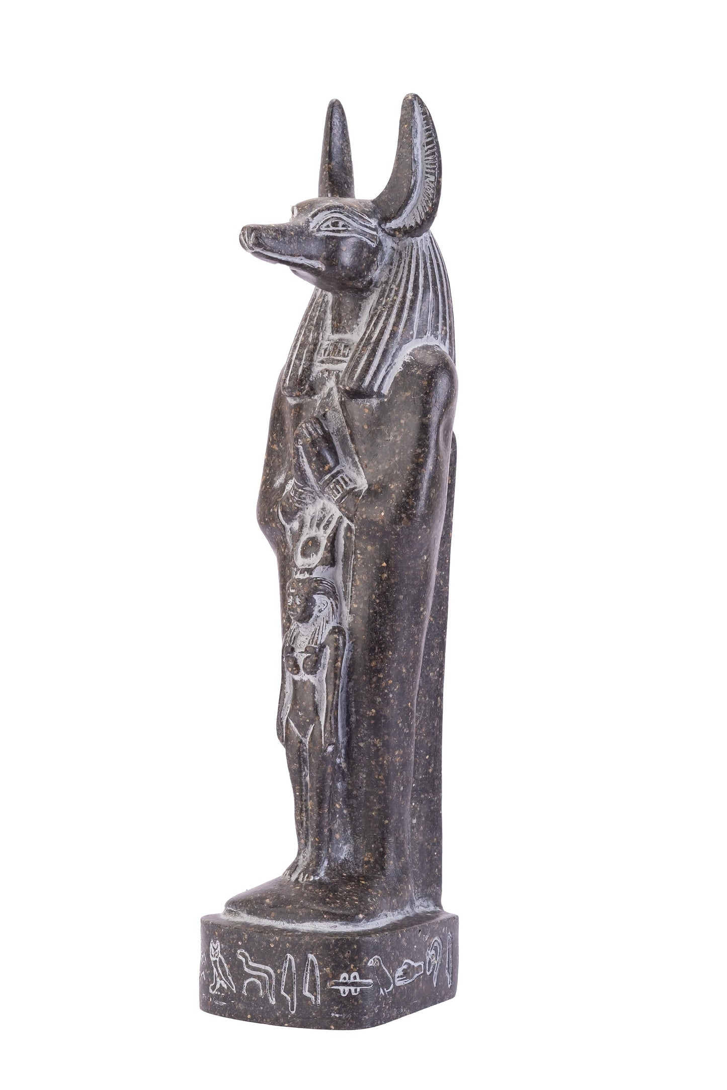 Aunique ancient Egyptian statue of Anubis Jackal God of afterlife and mummification standing with jackal head and human body protect Isis