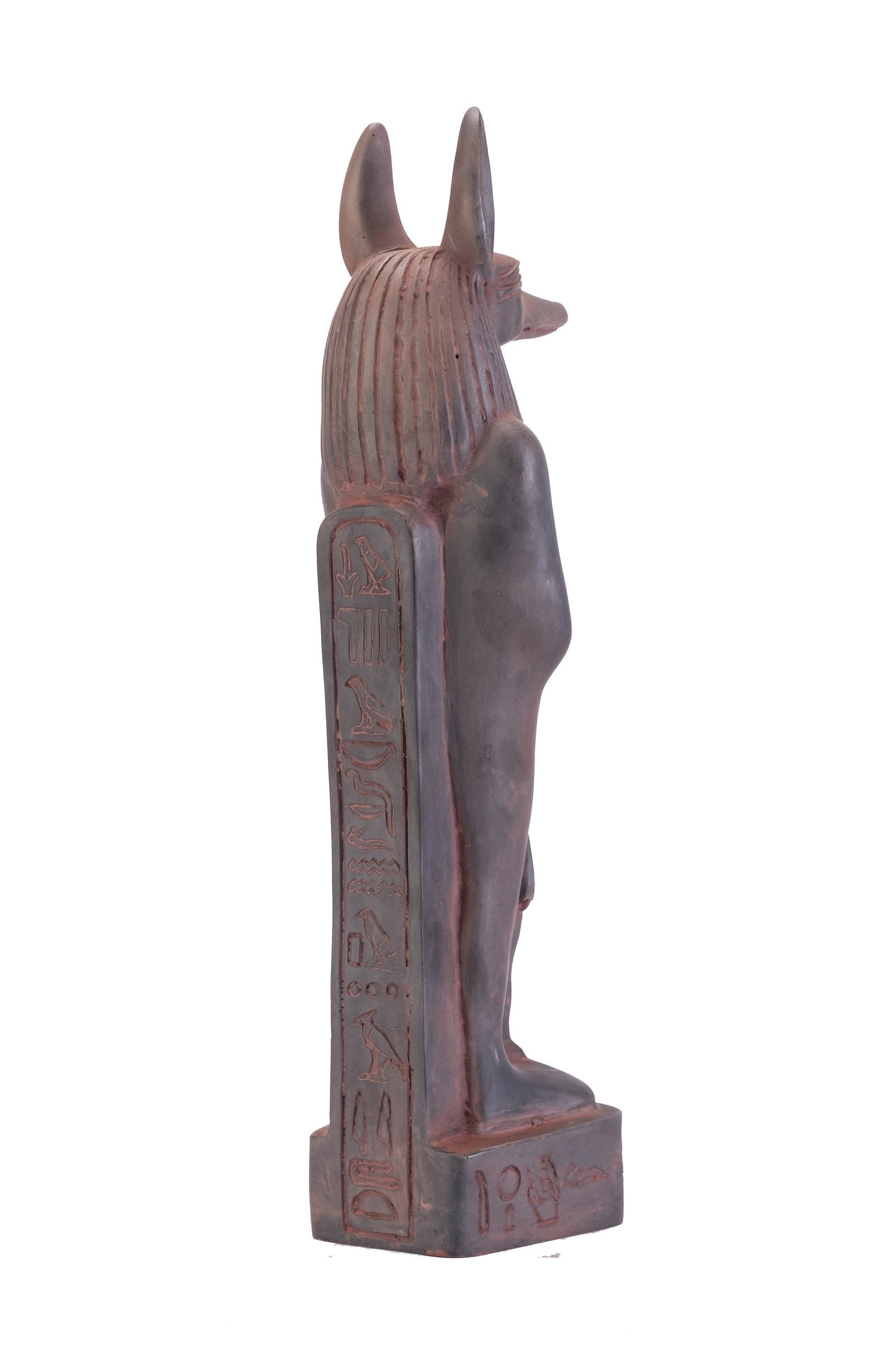 A unique ancient Egyptian statue of Anubis Jackal God of afterlife and mummification standing with jackal head and human body protect Isis