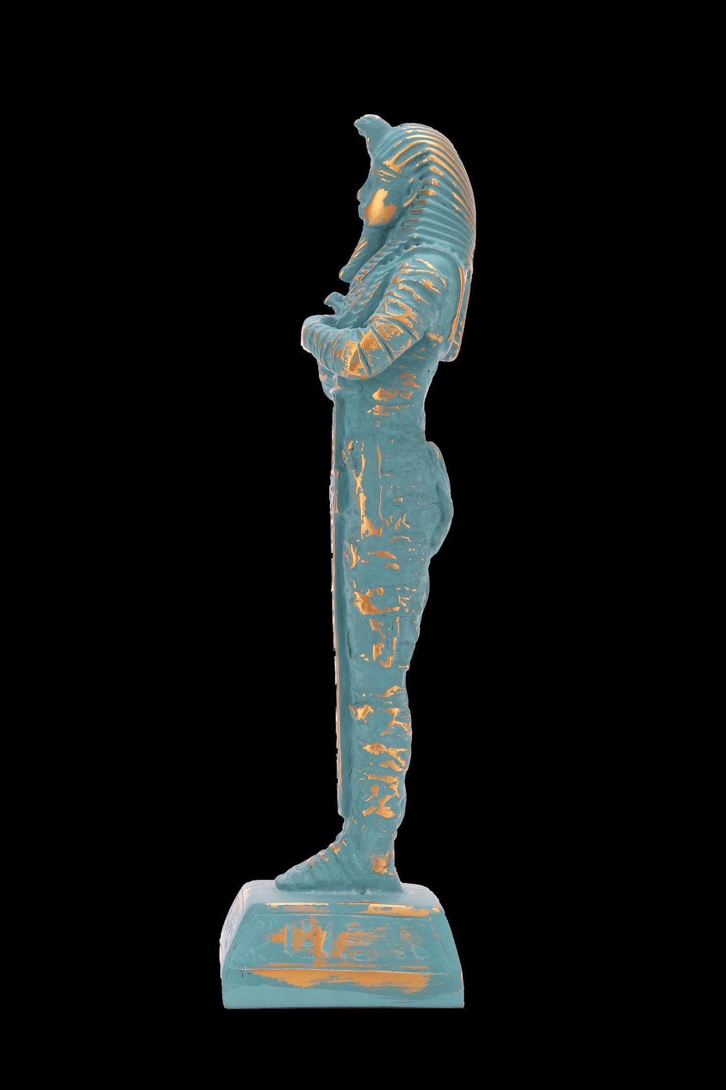 Unique Egyptian statue of King tut. Tutankhamen fighter in form of mummy green color with gold antique color solid stone made in Egypt