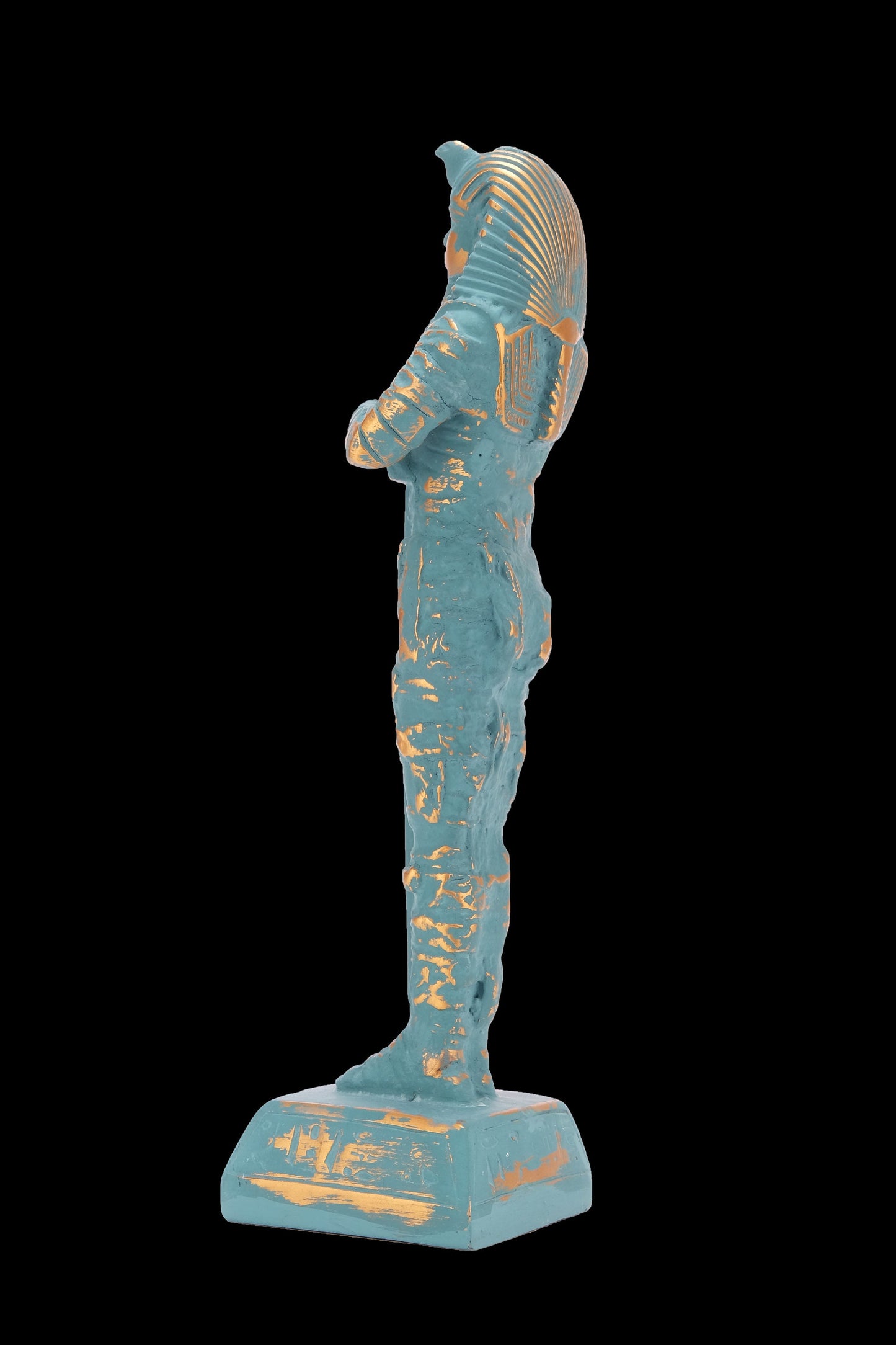 Unique Egyptian statue of King tut. Tutankhamen fighter in form of mummy green color with gold antique color solid stone made in Egypt