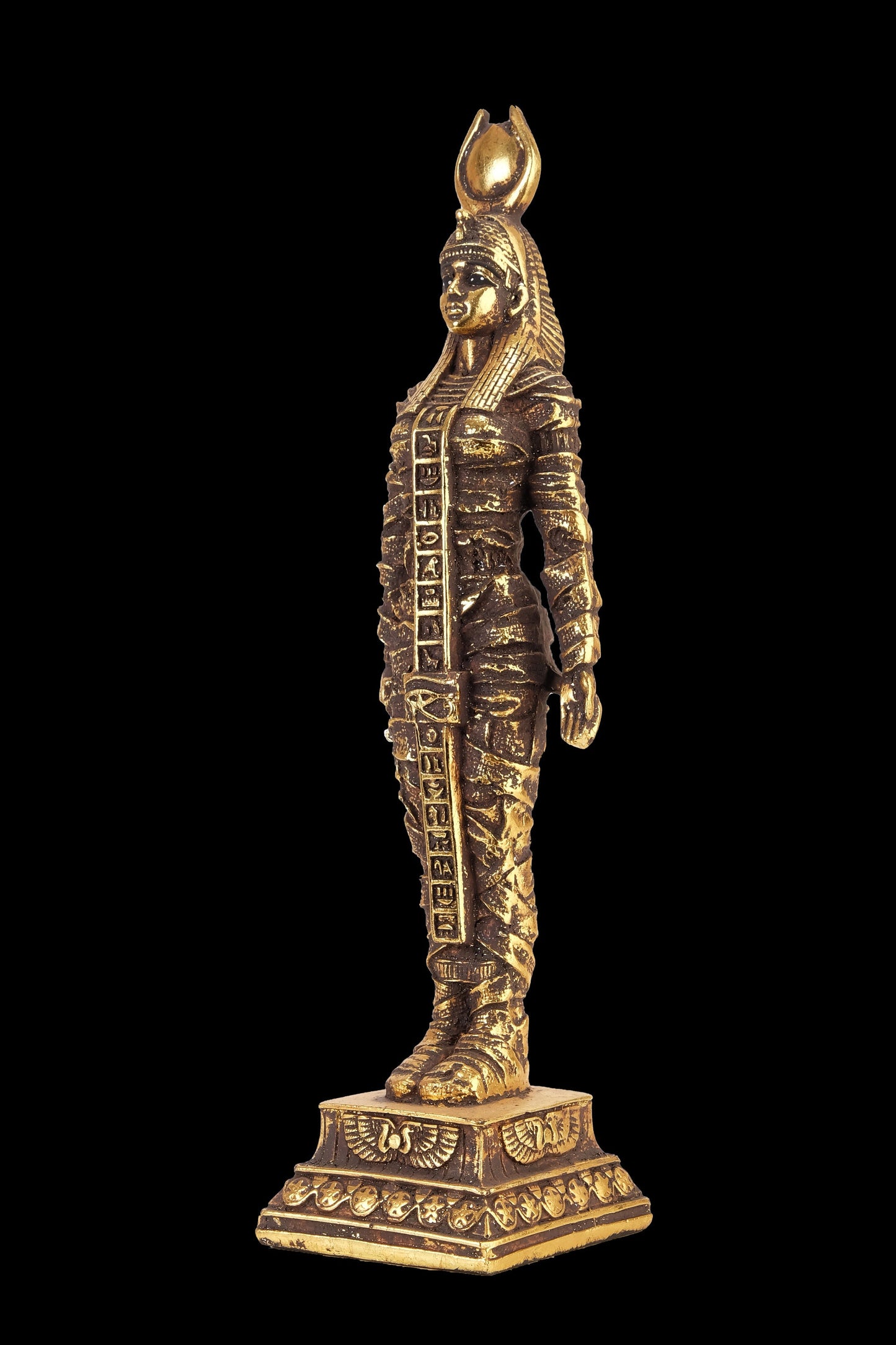 Ancient Egyptian statue of goddess Isis gold leaf hand painted contains eye of Horus solid stone made in Egypt