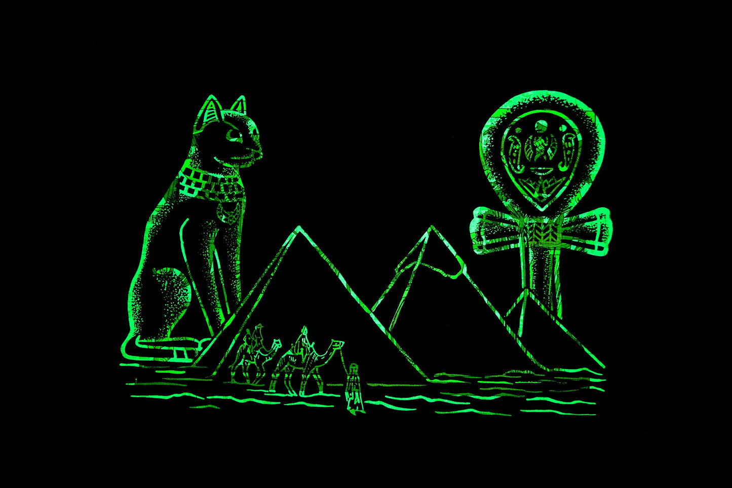 King Tutankhamun Hunting with Bow accompanied boy Queen Ankhesenamun papyrus Glow in the dark Egyptian Scene with Bastet,pyramids and ankh