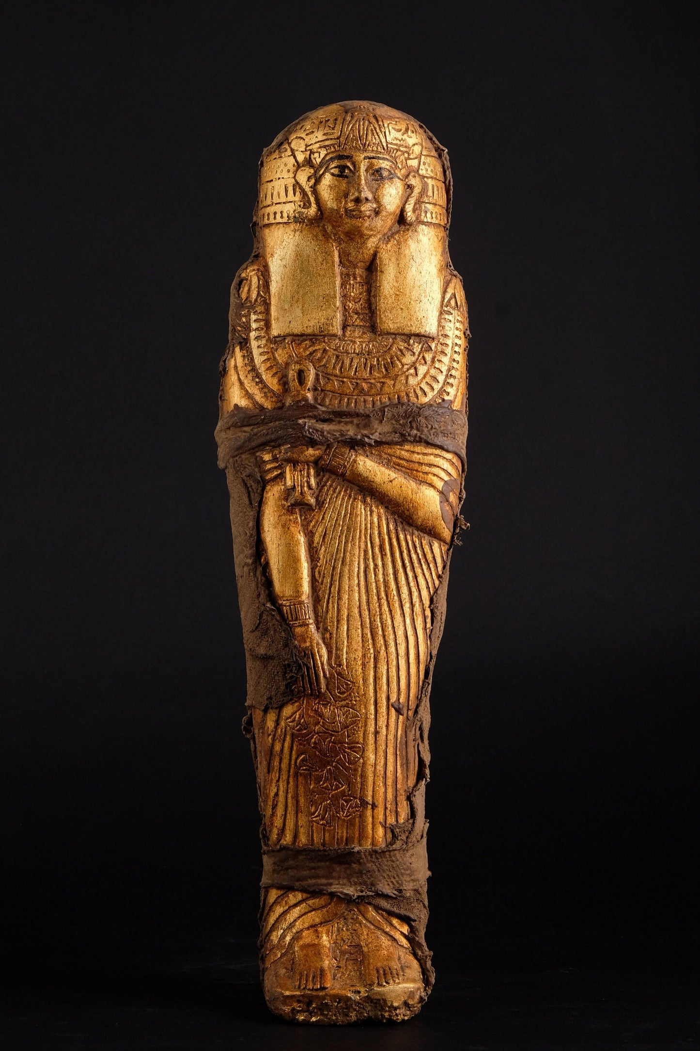 Unique ancient Egyptian statue of Ushabti Isis Heavy stone Gold leaf hand painted wrapped with linen made in Egypt