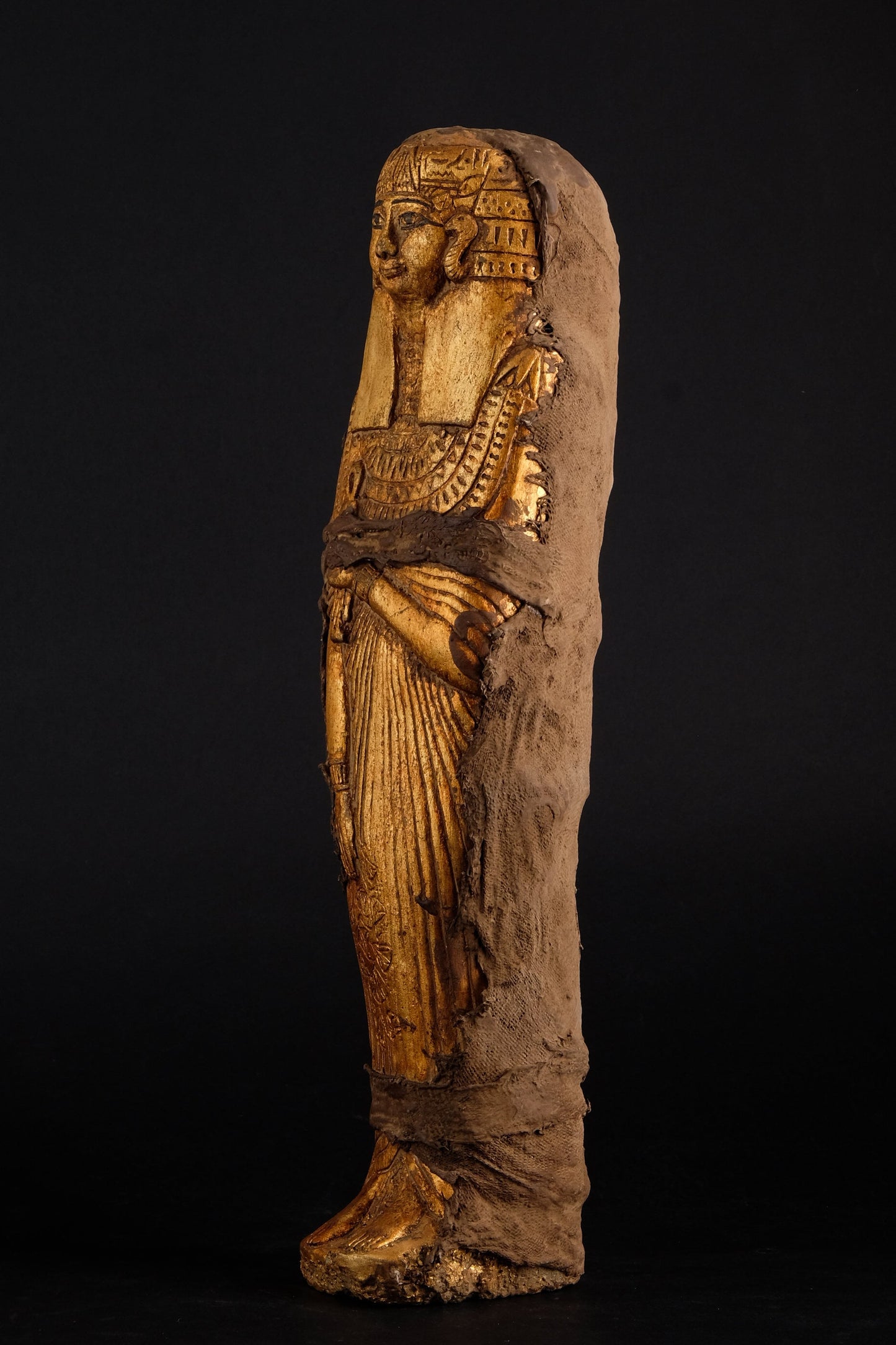 Unique ancient Egyptian statue of Ushabti Isis Heavy stone Gold leaf hand painted wrapped with linen made in Egypt