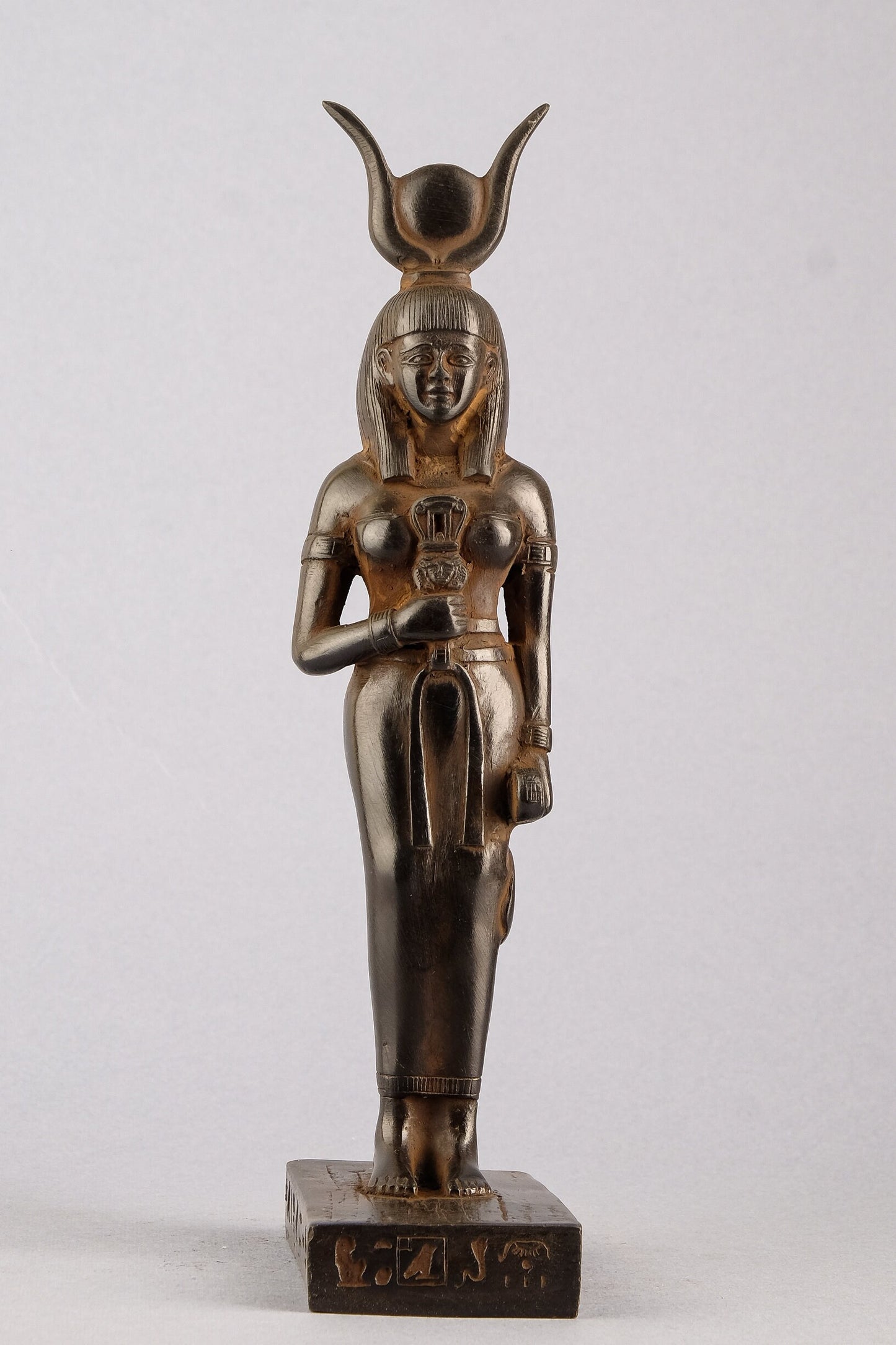 Ancient Egyptian statue of goddess Isis holding a Sistrum black stone unique ancient Egypt altar made in Egypt
