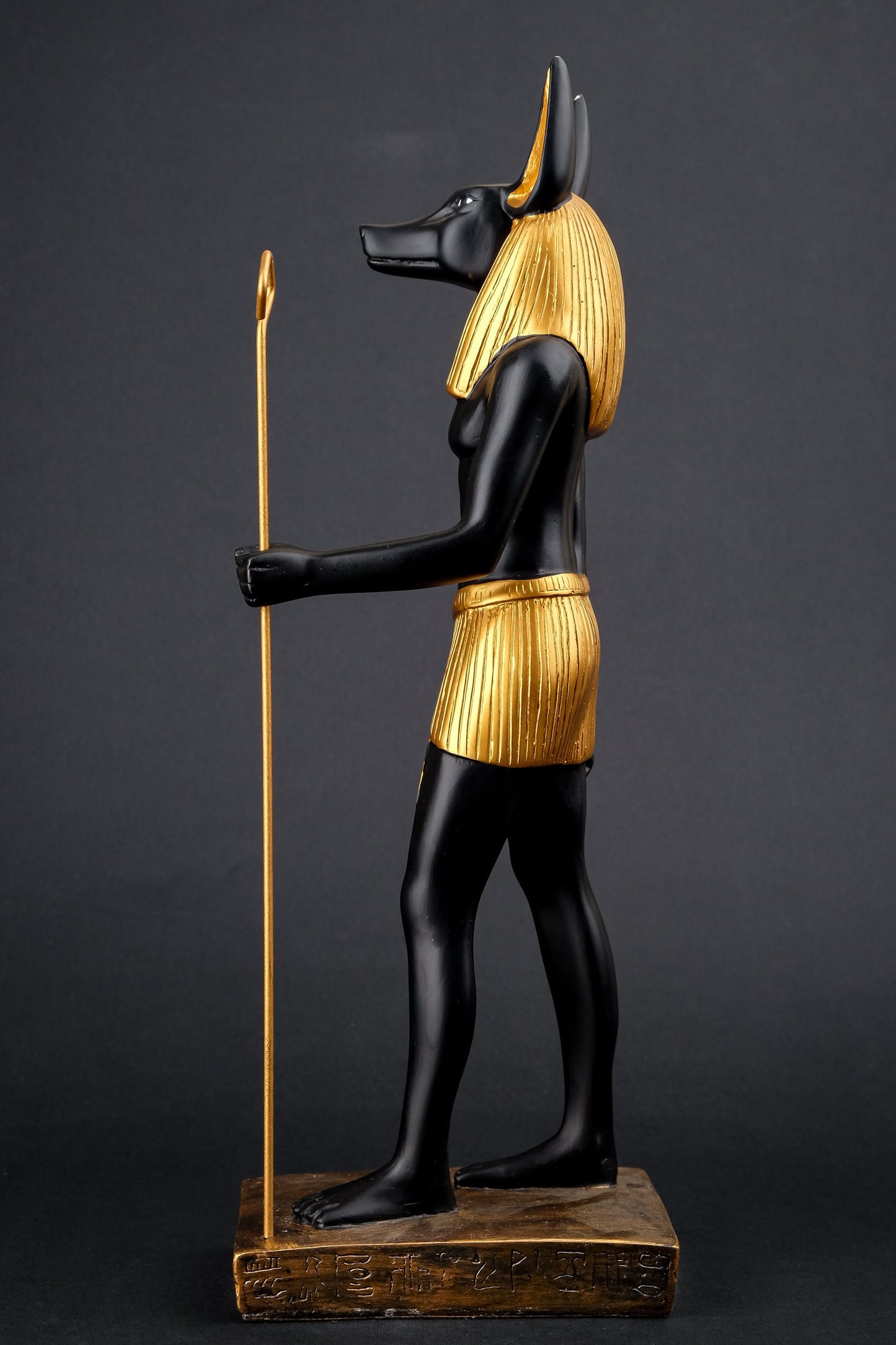 A unique ancient Egyptian statue of Anubis Jackal God of afterlife and mummification unique large gold and black hand painted