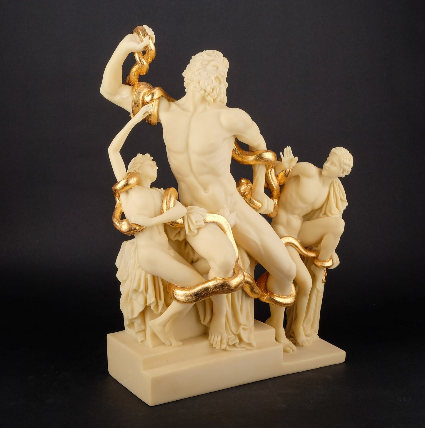 Ancient Greek statue of Laocoon and his Sons Polystone sculpture white with gold leaf hand painted made in Egypt
