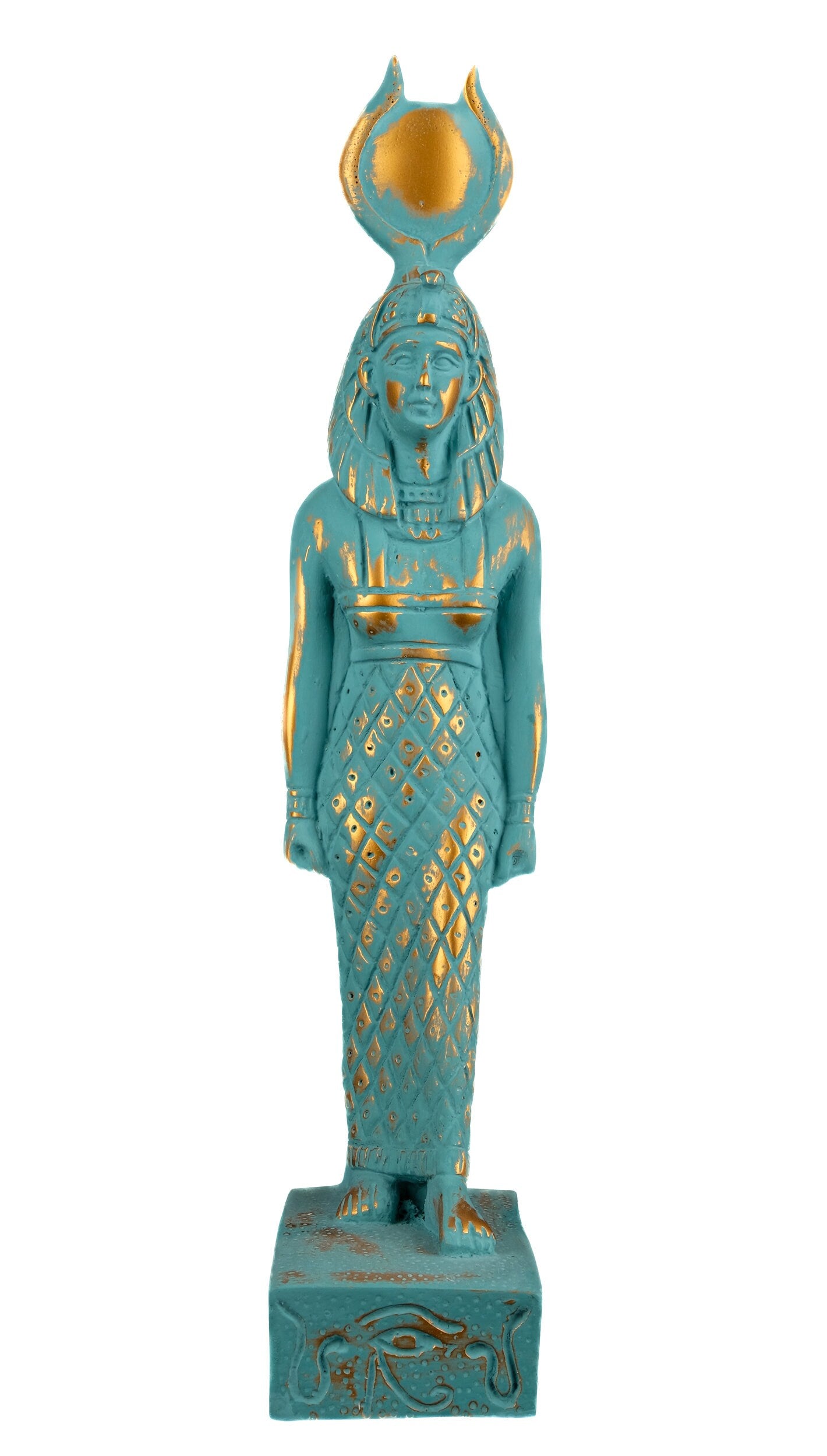 Ancient Egyptian statue of Isis green statue with gold antique color solid stone made in Egypt