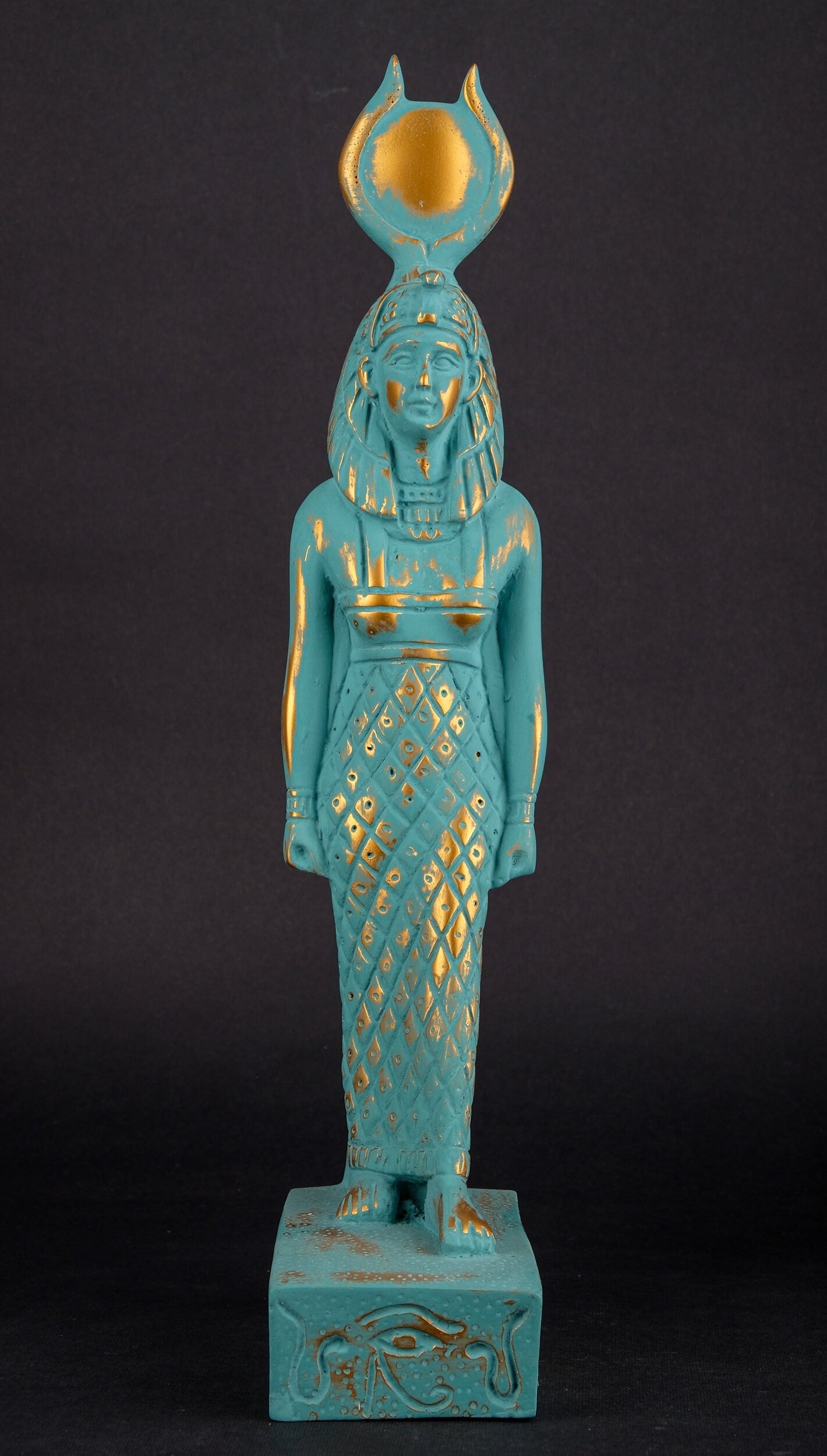Ancient Egyptian statue of Isis green statue with gold antique color solid stone made in Egypt