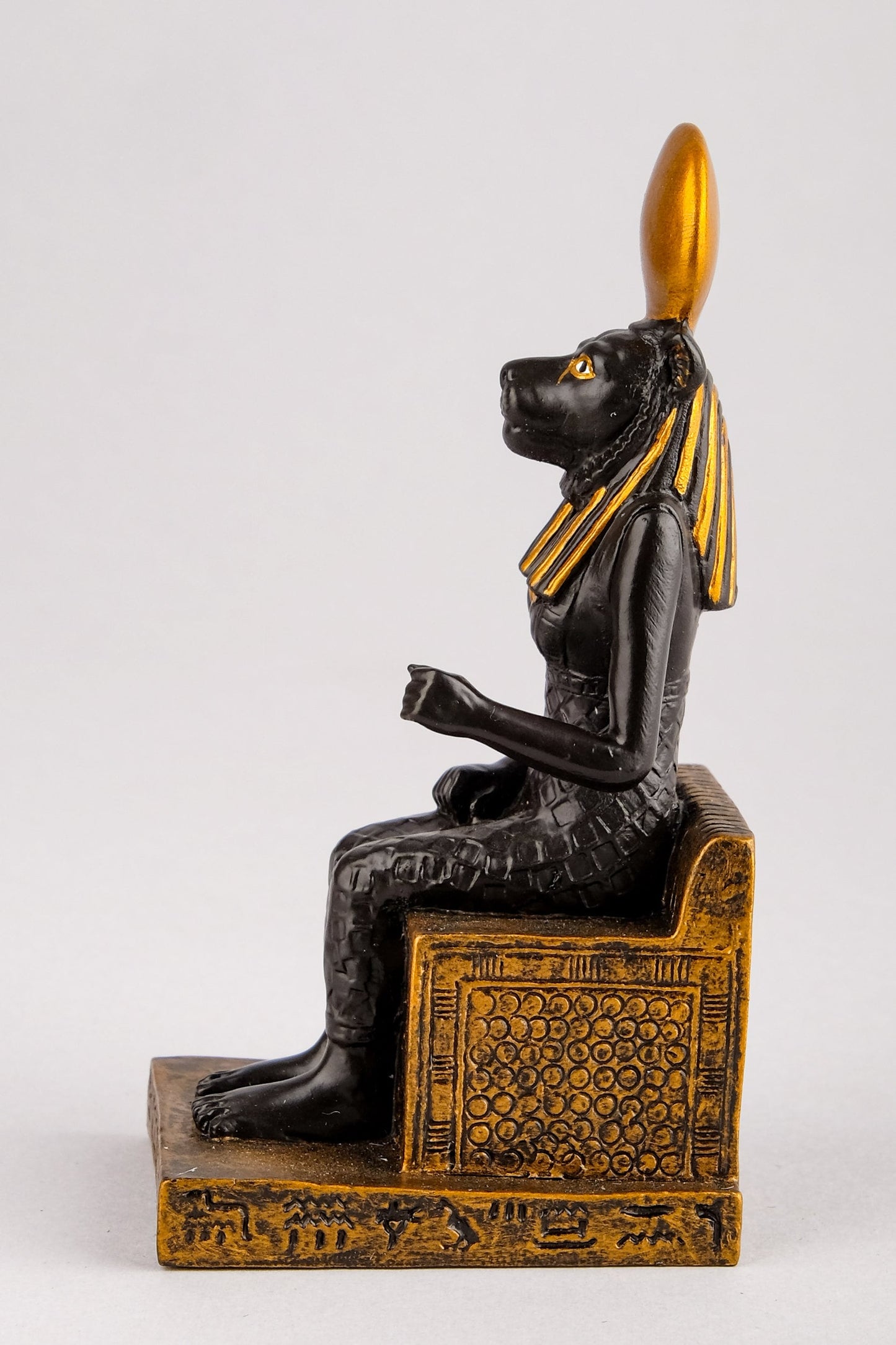 Ancient Egyptian small statue of Sekhmet,goddess of war seated, unique black and bronze color made in Egypt