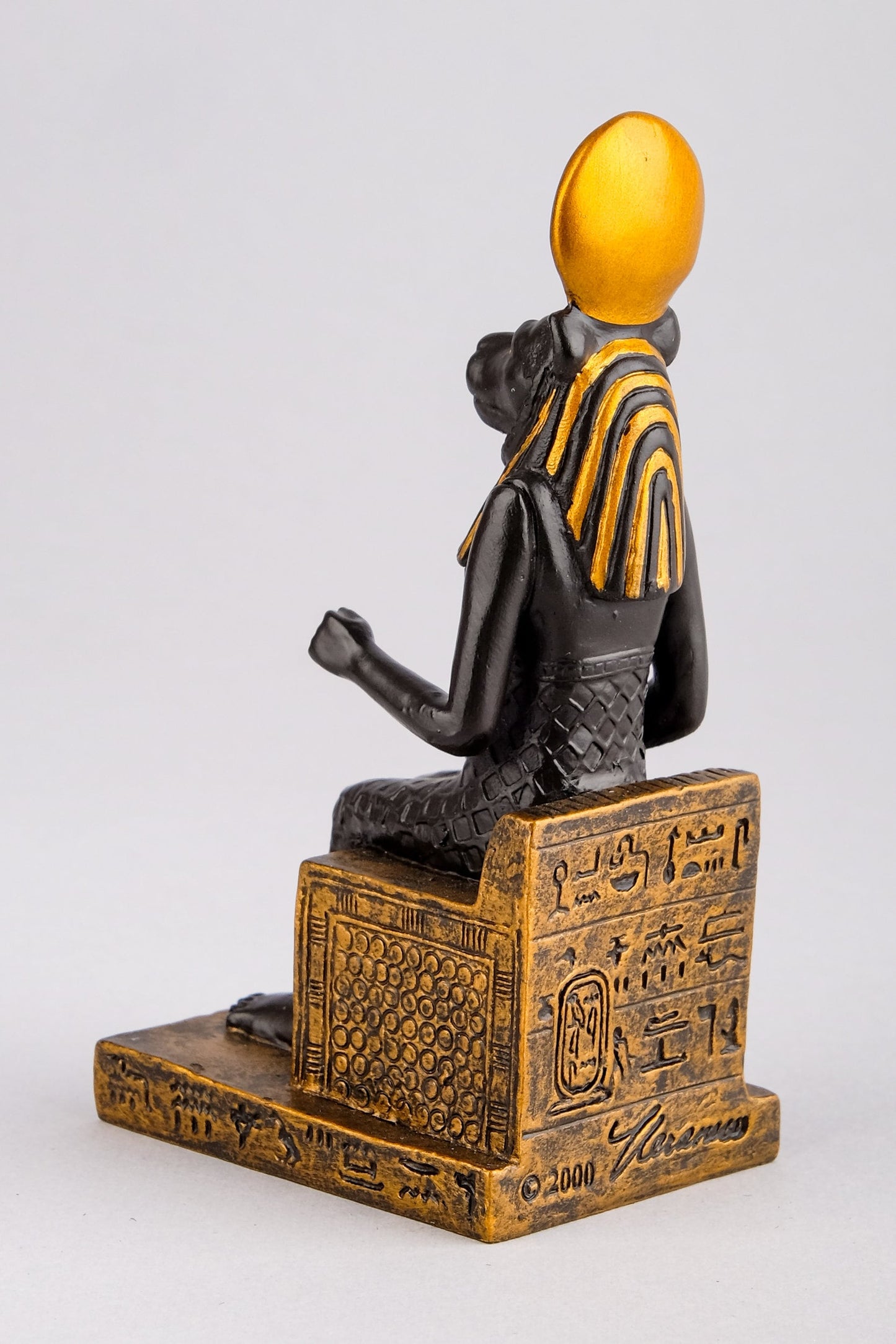 Ancient Egyptian small statue of Sekhmet,goddess of war seated, unique black and bronze color made in Egypt