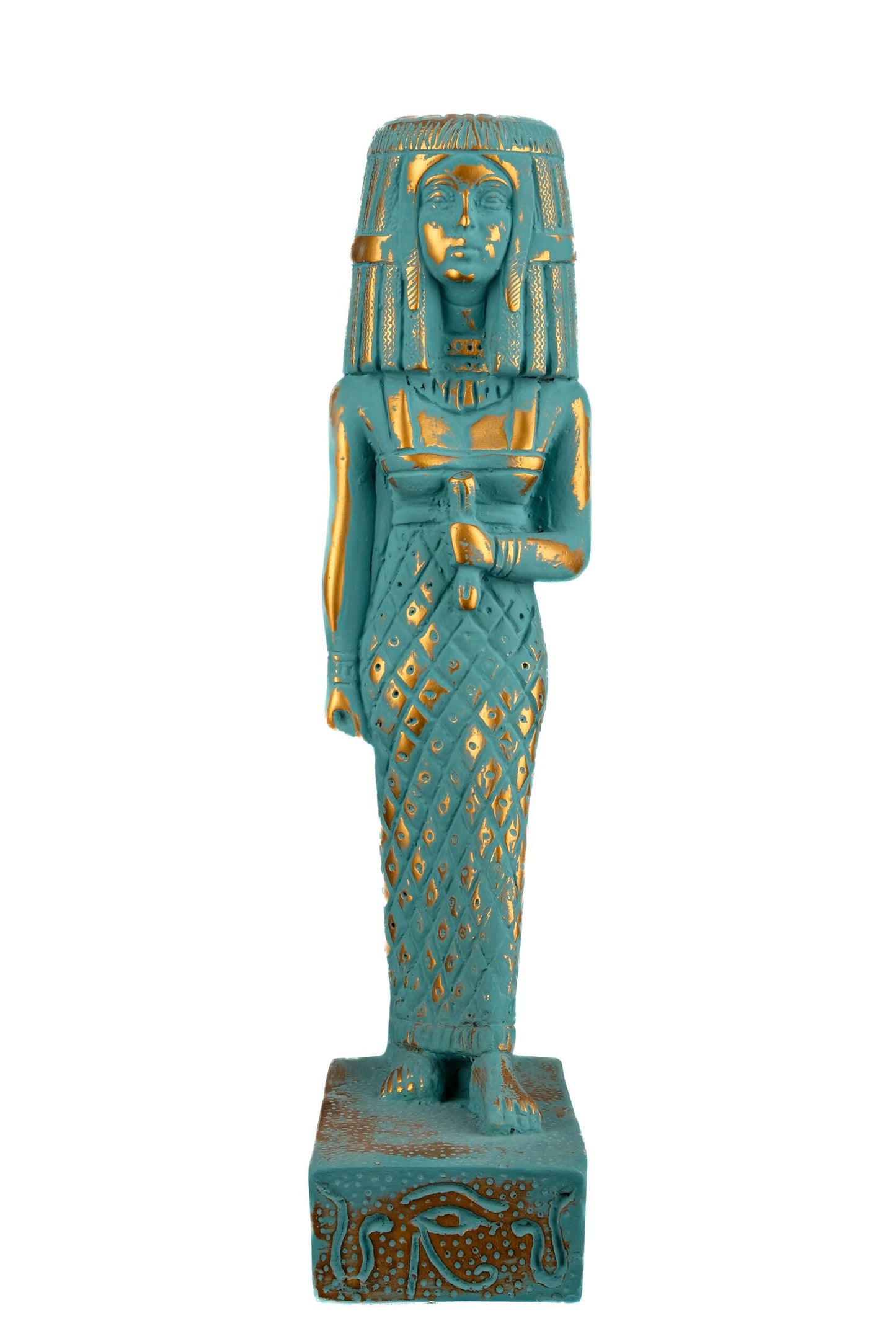 Ancient Egyptian statue of Tiye also spelled (Taia, Tye) Heavy stone hand painted with green color and gold antique color made in Egypt