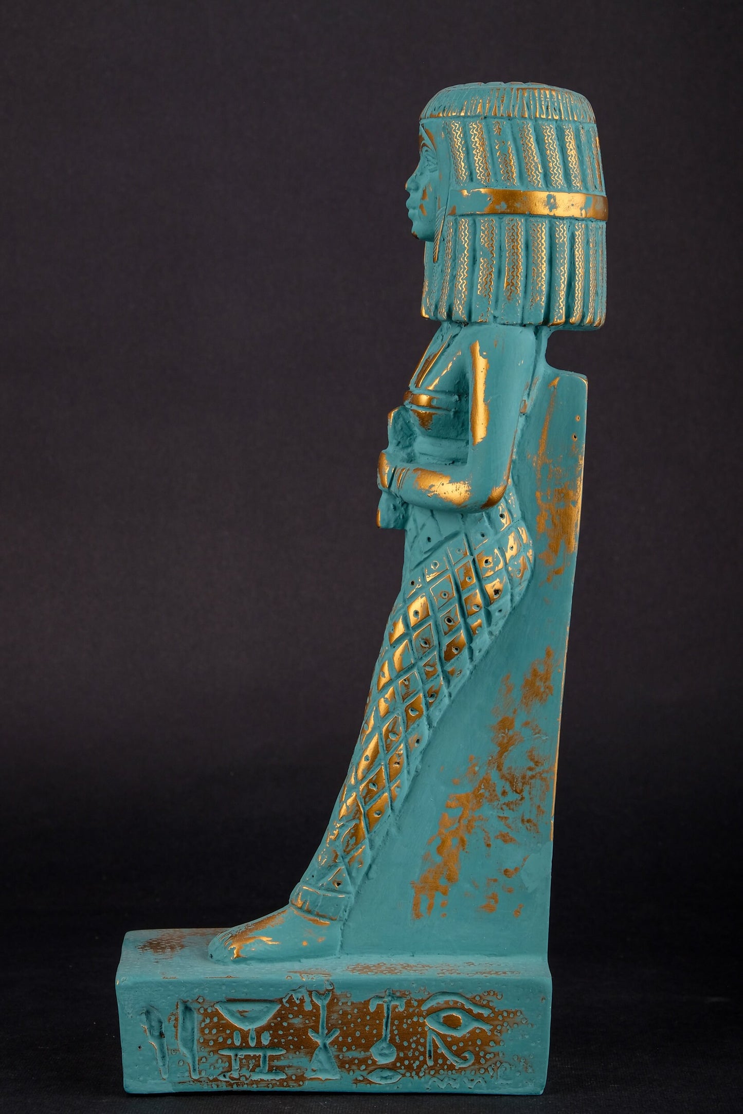 Ancient Egyptian statue of Tiye also spelled (Taia, Tye) Heavy stone hand painted with green color and gold antique color made in Egypt