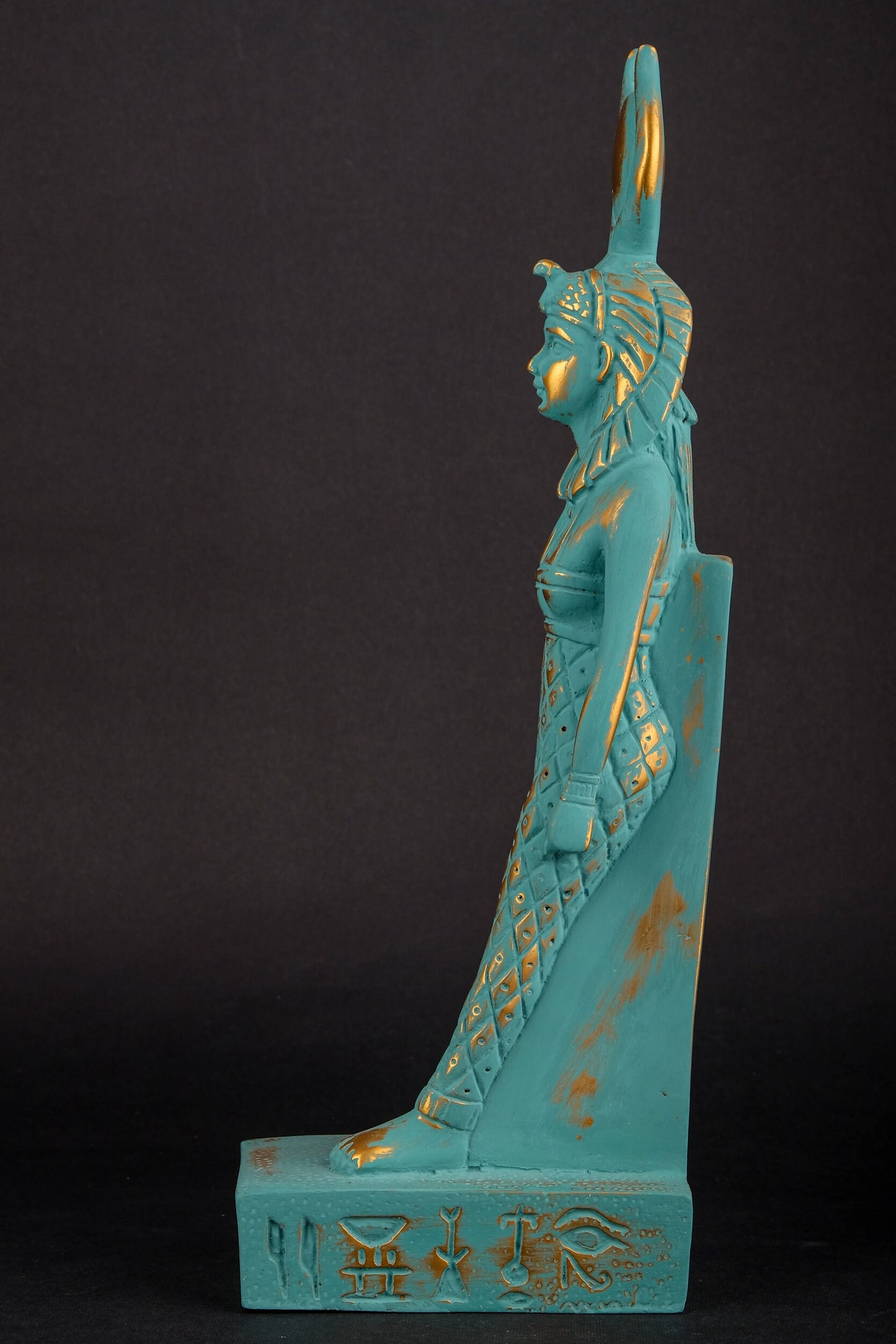 Ancient Egyptian statue of Isis green statue with gold antique color solid stone made in Egypt