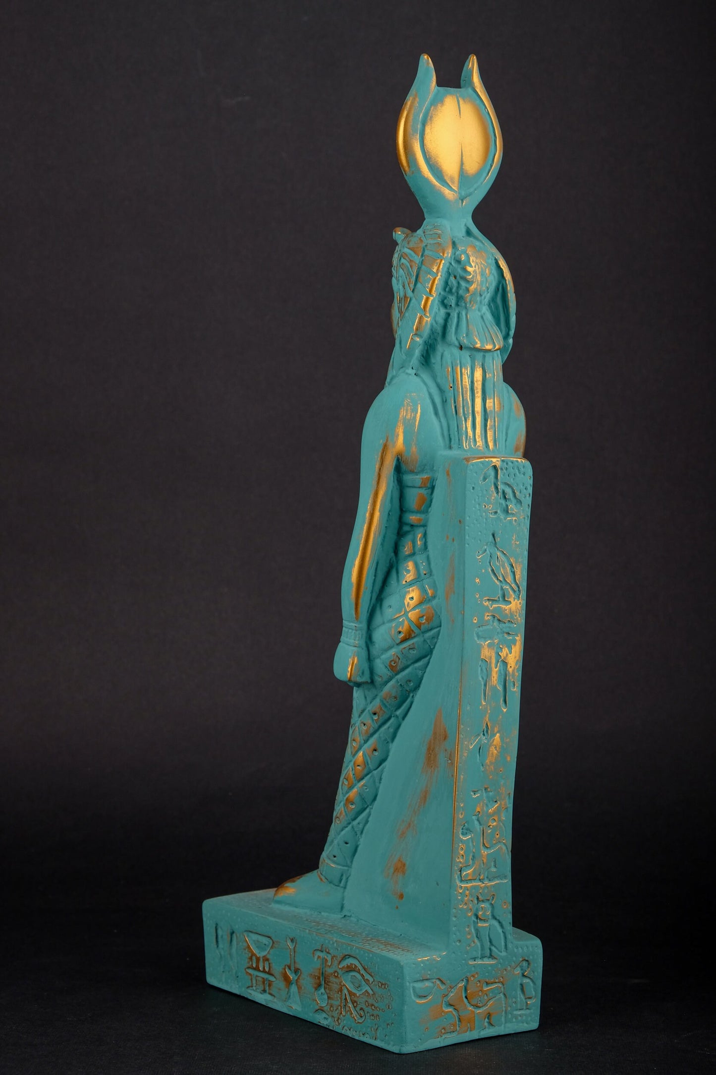 Ancient Egyptian statue of Isis green statue with gold antique color solid stone made in Egypt