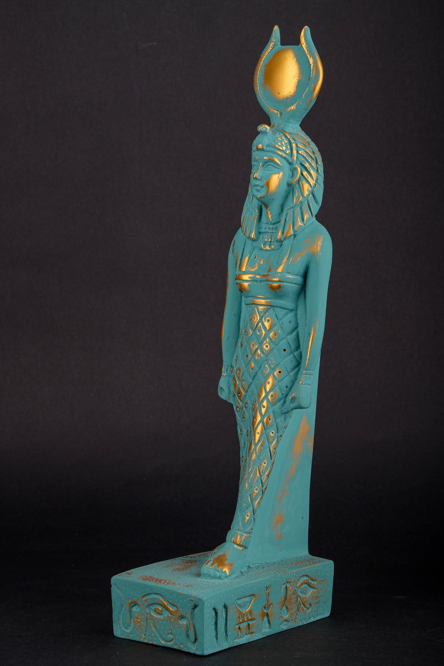 Ancient Egyptian statue of Isis green statue with gold antique color solid stone made in Egypt