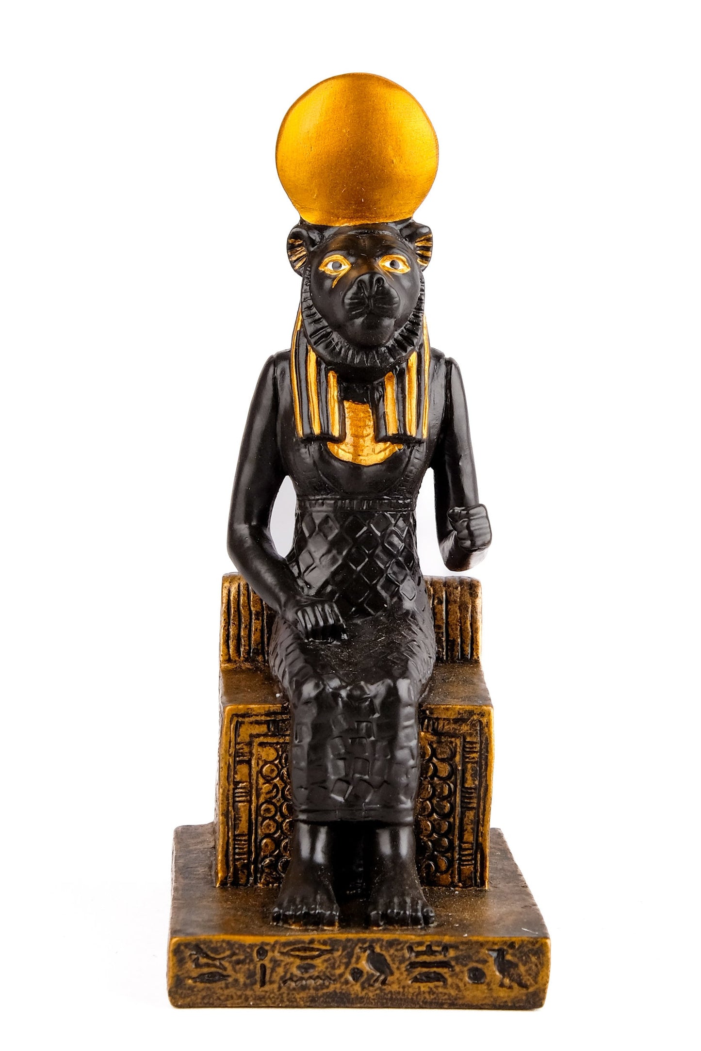Ancient Egyptian small statue of Sekhmet,goddess of war seated, unique black and bronze color made in Egypt