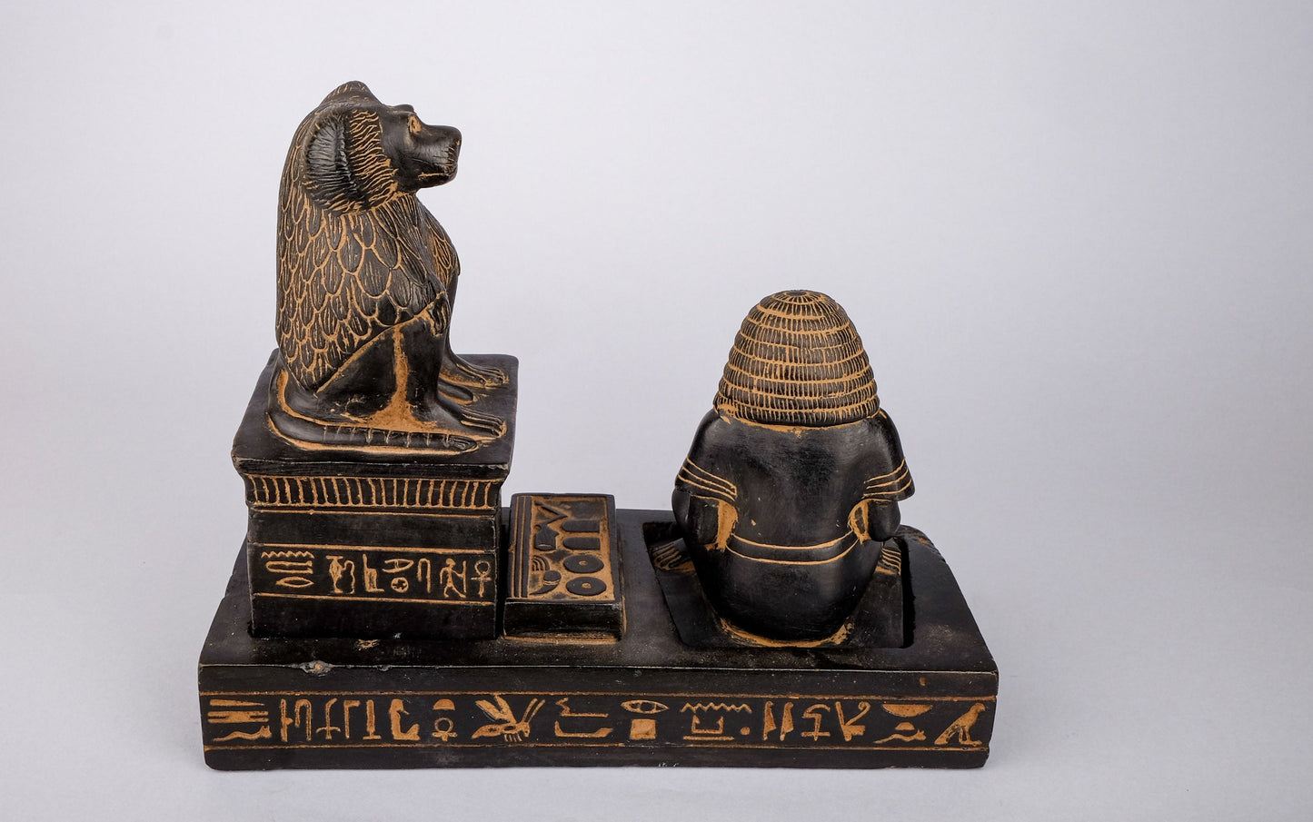 Unique Ancient Egyptian statue of The royal Scribe Nebmertuf writing under the protection of the Moon God Thoth