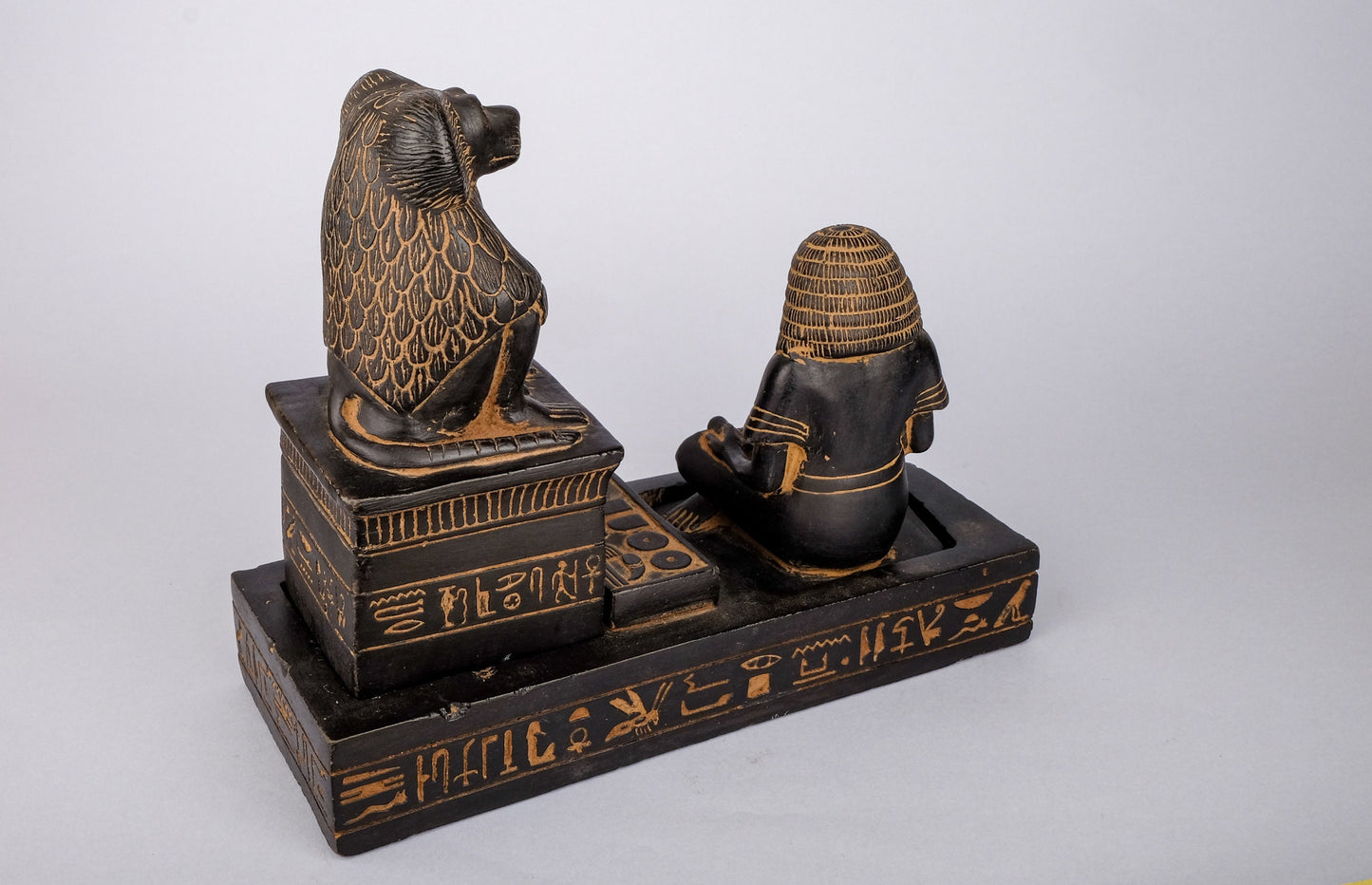 Unique Ancient Egyptian statue of The royal Scribe Nebmertuf writing under the protection of the Moon God Thoth