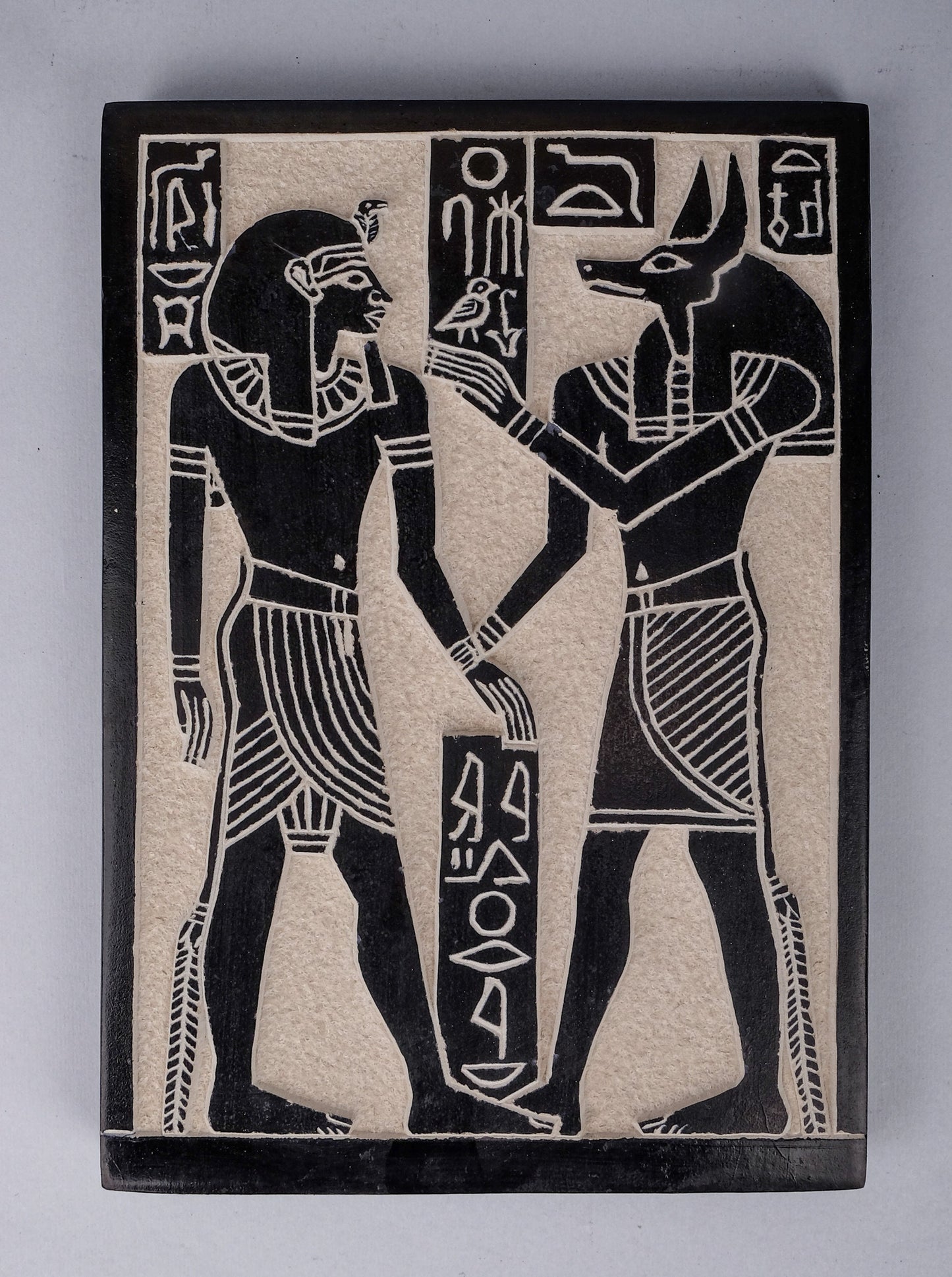 Unique ancient Egyptian Wall relief of Anubis bless Ramses II heavy basalt stone hand carved made in Egypt