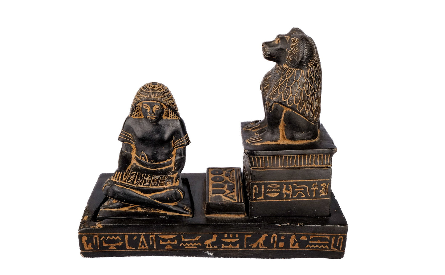 Unique Ancient Egyptian statue of The royal Scribe Nebmertuf writing under the protection of the Moon God Thoth