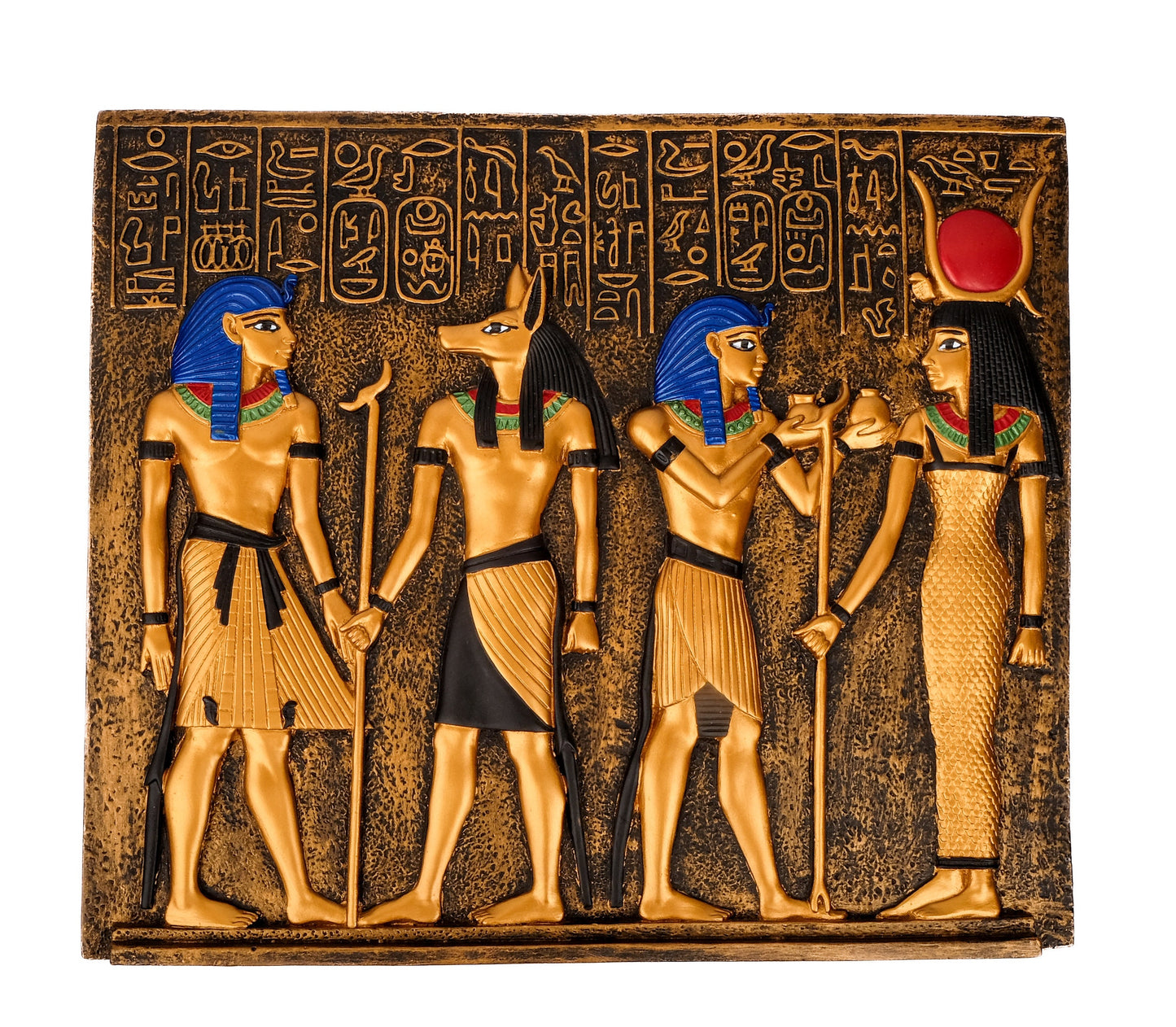 Ancient Egyptian Wall Art Relief Tutankhamun with Anubis, Ramses II with goddess Isis hand painted made in Egypt