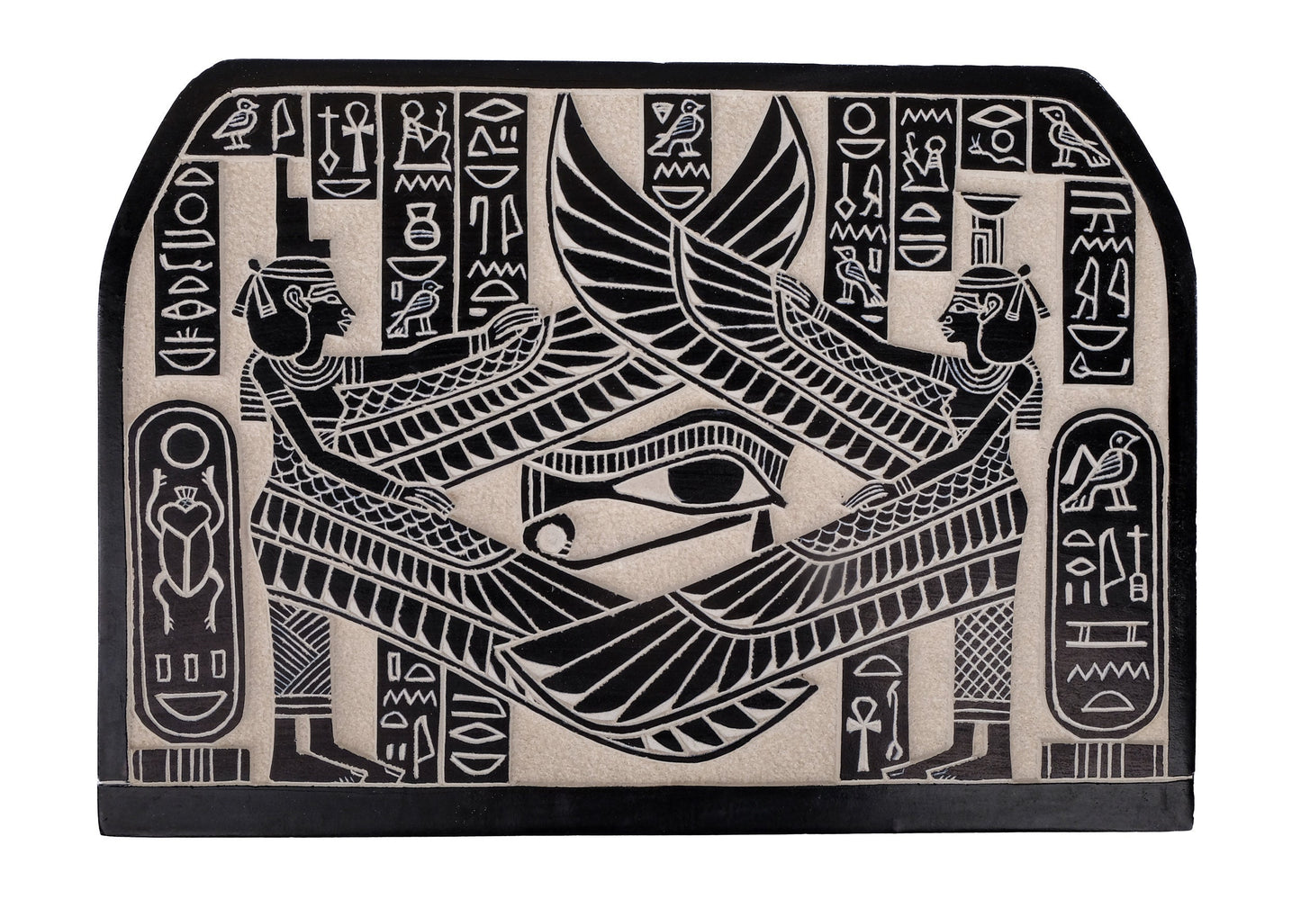 Unique ancient Egyptian Wall relief of Isis and goddess Nephthys in the middle Eye of Horus heavy basalt stone hand carved