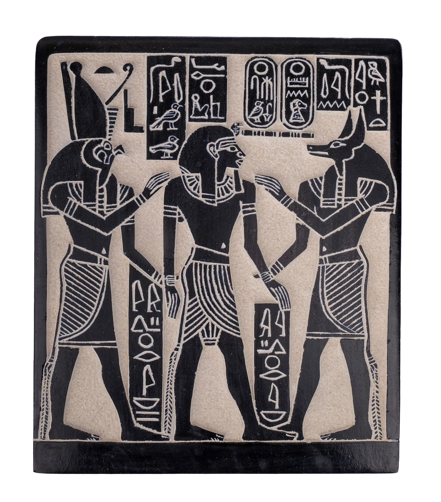 Unique ancient Egyptian Wall relief of Anubis and Horus bless Ramses II heavy basalt stone hand carved made in Egypt