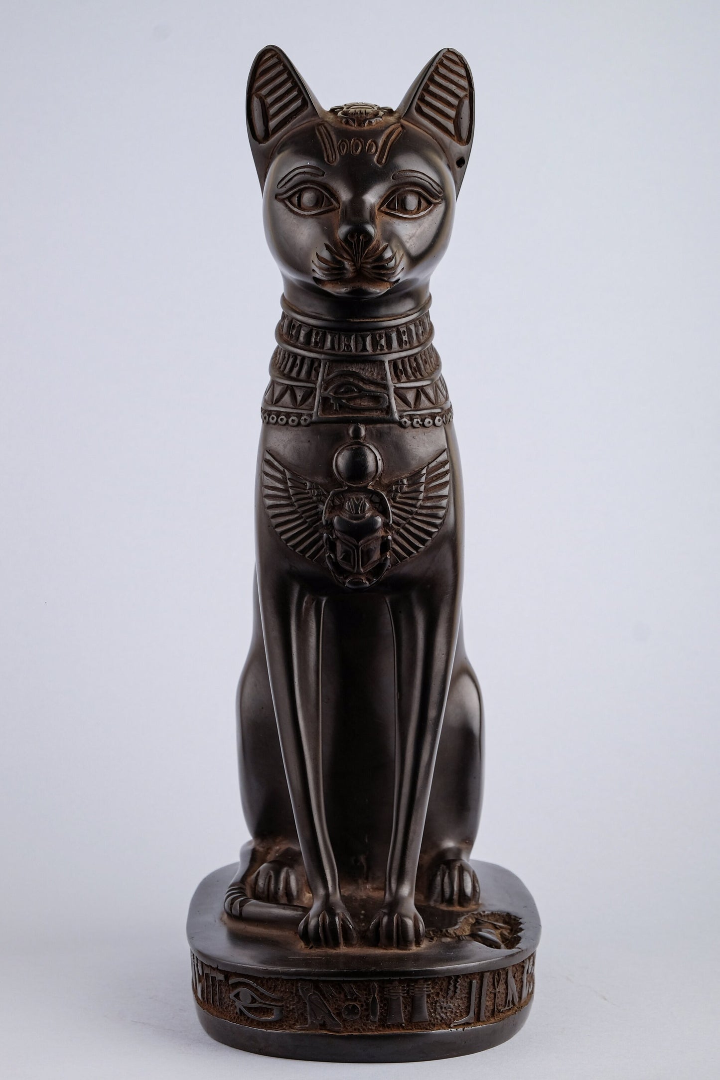 Unique Bastet cat large Statue black with beautiful details scarab on her head and winged on her chest with eye of Horus made in Egypt