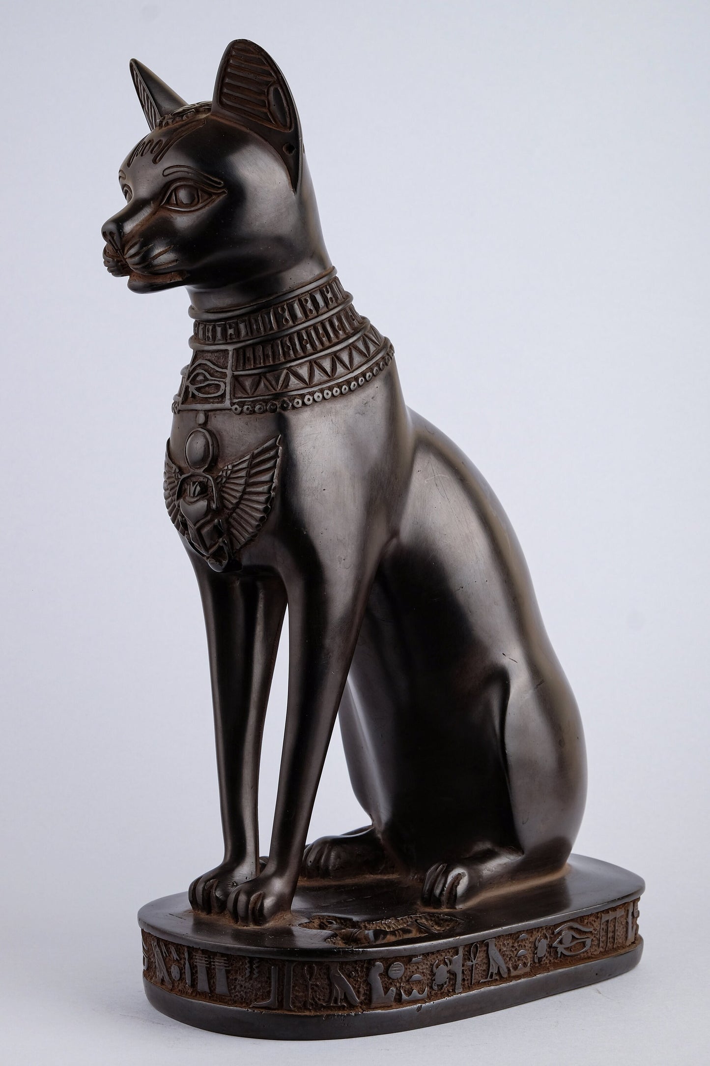 Unique Bastet cat large Statue black with beautiful details scarab on her head and winged on her chest with eye of Horus made in Egypt