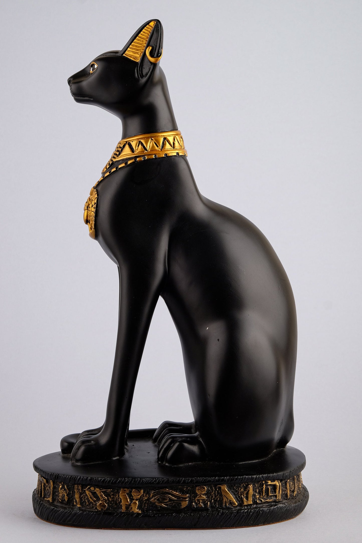 Unique Bastet cat large Statue black gold painted, scarab on chest, symbols hieroglyphic inscriptions around the base made in Egypt